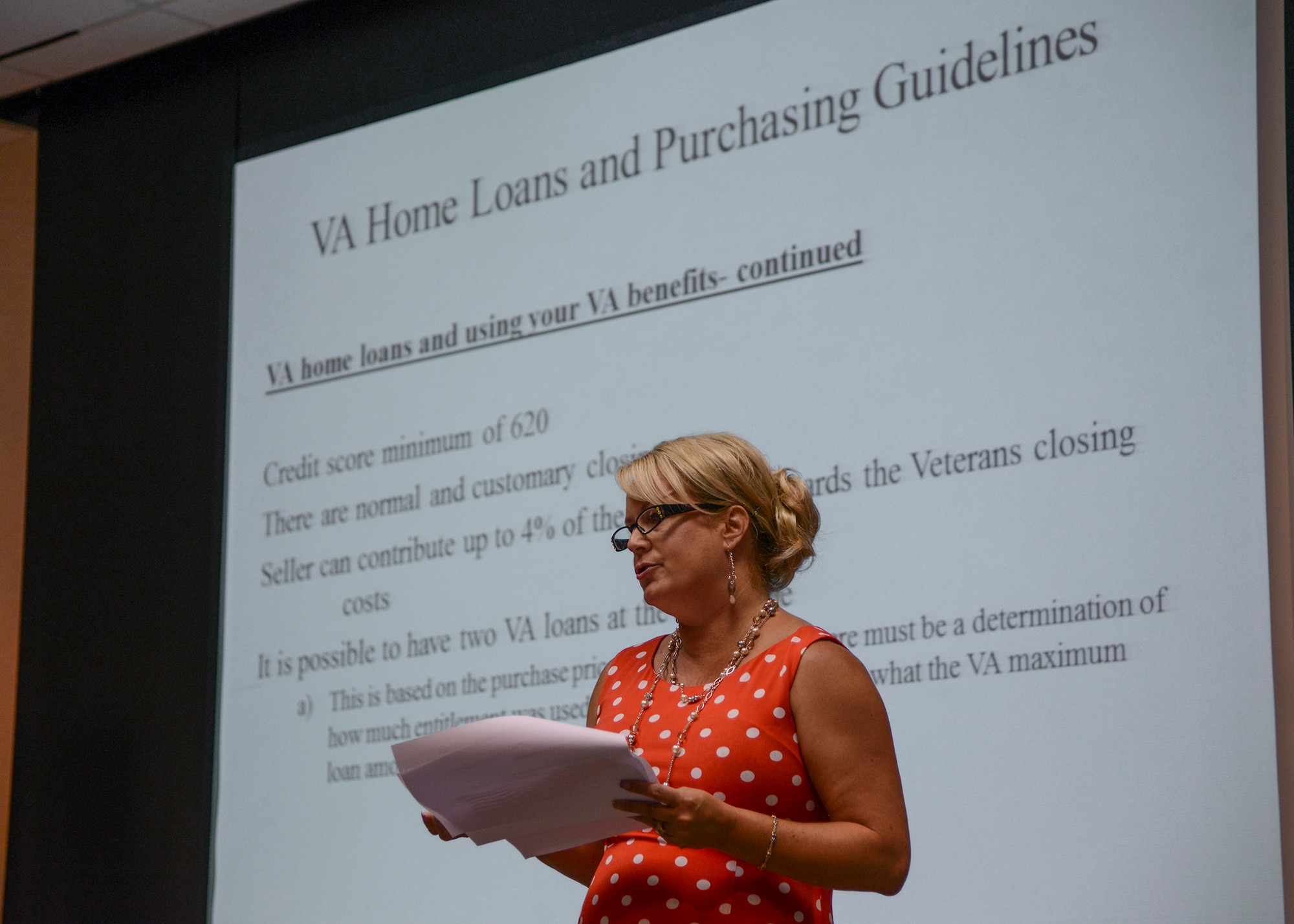 Denise Dee, VA Loan specialist, shares the purchasing guidelines for buying a home using VA financing during a home buyer’s seminar June 17. The seminar was put on by the Edwards Housing Management Office at the Airman and Family Readiness Center. (U.S. Air Force photo by Rebecca Amber)