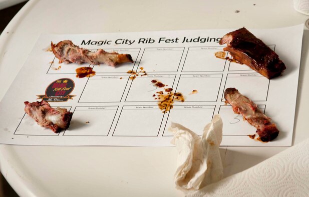 A rib judging sheet rests on a table at the Magic City Ribfest in Minot, N.D., June 19, 2015. A panel of military members judged the ribs on presentation, tenderness and taste. At the end of the day, Col. Jason Armagost, 5th Bomb Wing commander, presented an award on behalf of Minot Air Force Base to the team with the best tasting ribs.  (U.S. Air Force photo/Airman 1st Class Sahara L. Fales)
