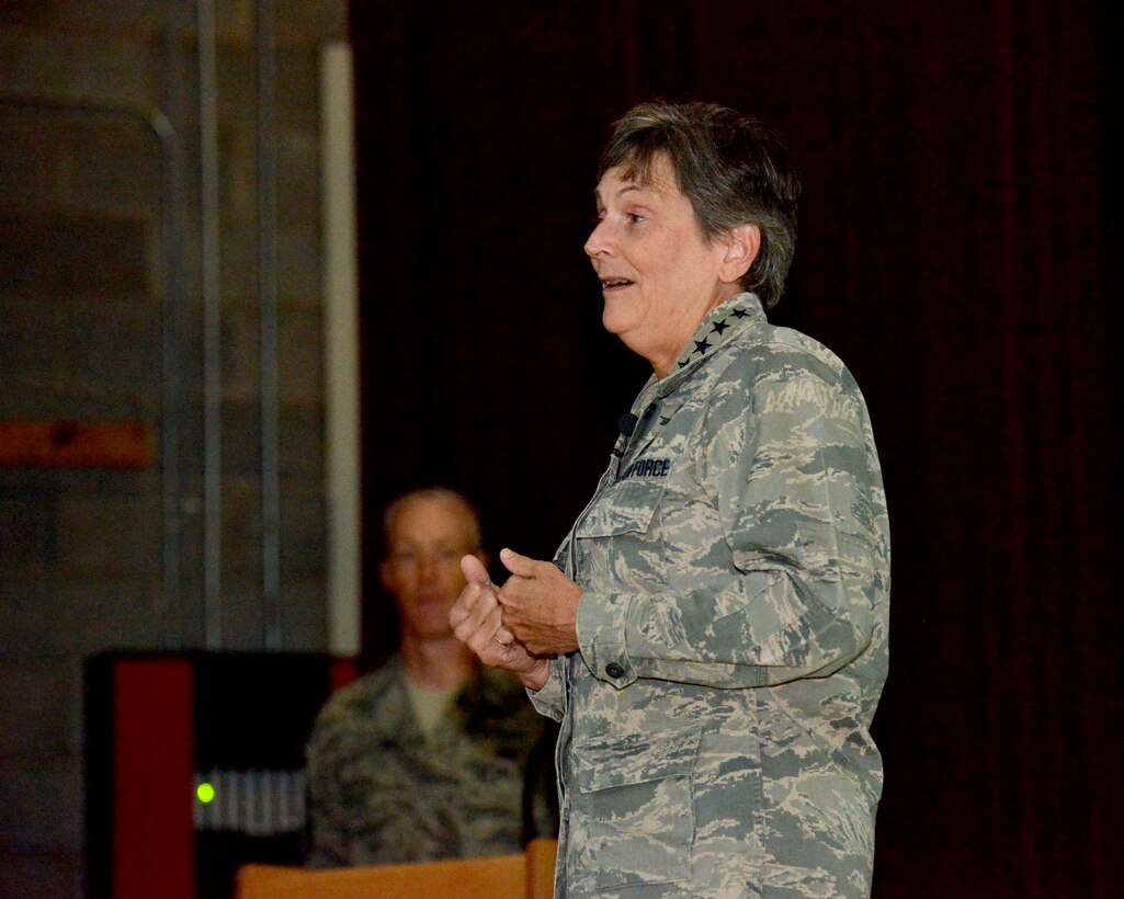 Air Force Materiel Command Commander Gen. Ellen Pawlikowski addresses Airmen during an all-call at Kirtland June 17. Pawlikowski discussed priorities for AFMC with Airmen during a two-day visit to Kirtland June 17-18. (Photo by Jamie Burnett)
