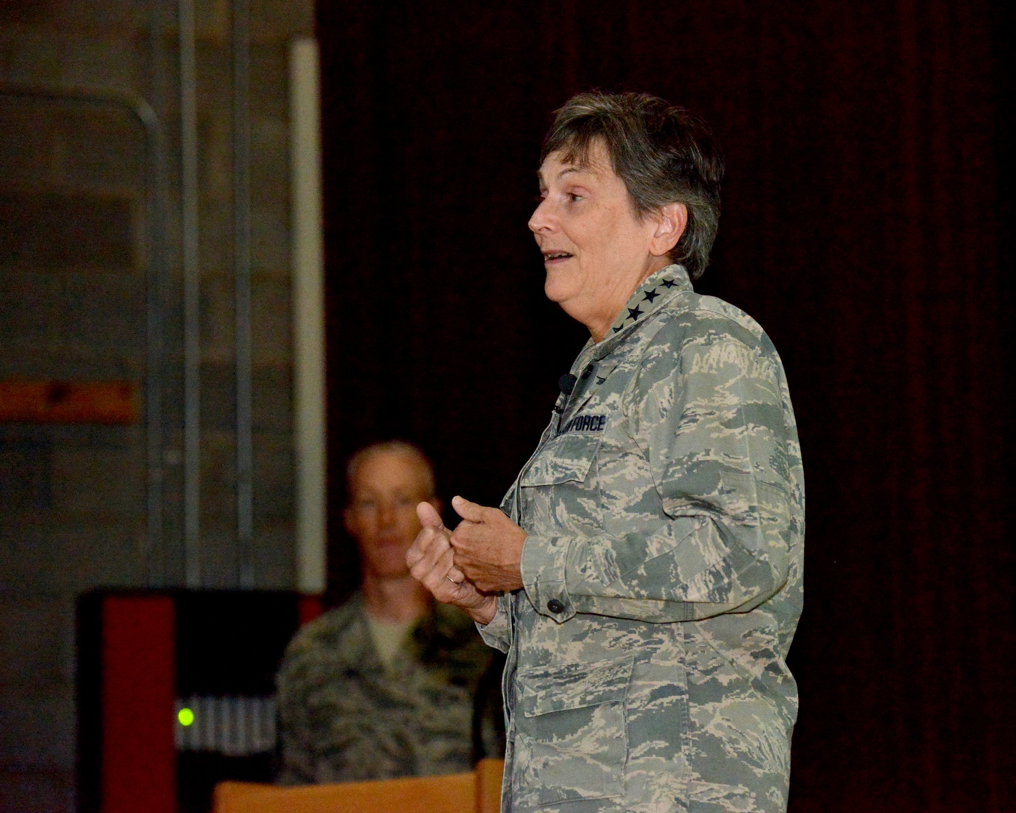 Air Force Materiel Command Commander Gen. Ellen Pawlikowski addresses Airmen during an all-call at Kirtland June 17. Pawlikowski discussed priorities for AFMC with Airmen during a two-day visit to Kirtland June 17-18. (Photo by Jamie Burnett)

