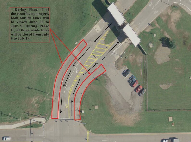 Gott Gate (Gate 34), by the 72nd Medical Group clinic, will operate at a reduced capacity from June 22 to July 19 due to a road resurfacing project.  During this time, it will maintain 24 hour operations but will be reduced to single lane operation at times.  This will likely cause longer than normal wait times for vehicles during peak periods of inbound traffic (6 to 8 a.m.). Officials recommend employees use other gates such as Vance Gate (Gate 40) or Piazza Gate (Gate 31) to avoid extended wait times. The Commercial Gate (Gate 33) will extend truck search hours to 4 a.m. to 5 p.m. However, truck traffic entering from 5 p.m. to 4 a.m. will be processed at the Gott Gate and may cause additional delays.(Courtesy photo/Released)