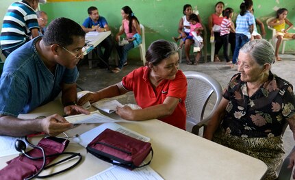 Dr. Miguel Coello, a Joint Task Force – Bravo Medical Element medical liaison officer, completes a wellness check on Rita and Emana Leiva during a medical readiness training exercise June 2, 2015, at Corinto, Cortes, Honduras. The mother and daughter were being seen for eye and throat problems. (U.S. Air Force photo by Staff Sgt. Jessica Condit)