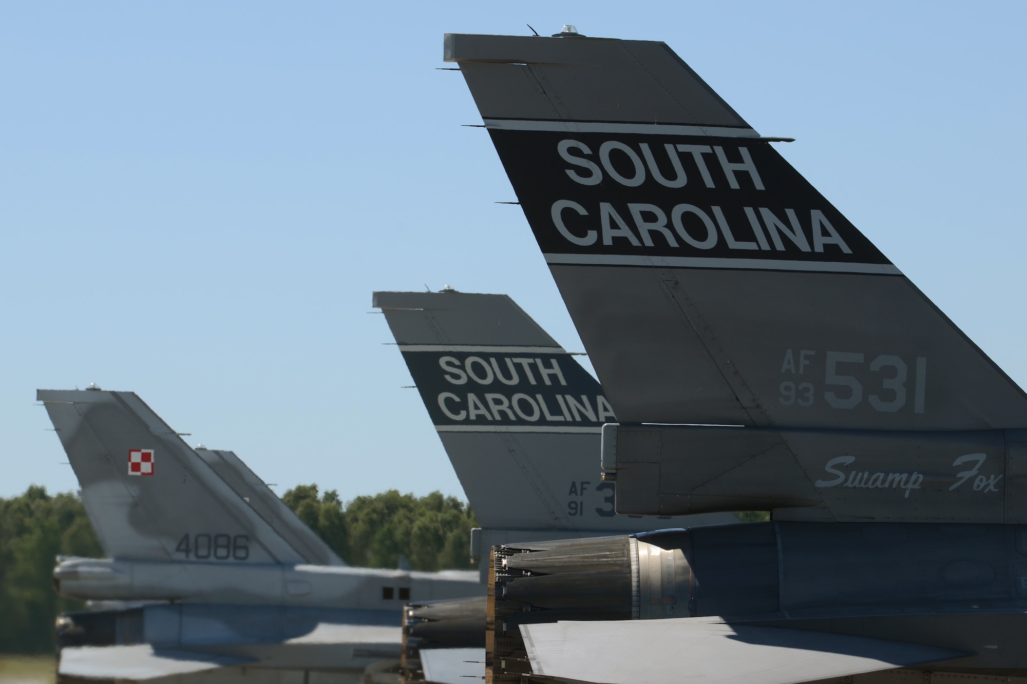 F-16 fighter jets from Poland's 32nd Tactical Air Base and the South Carolina Air National Guard are lined-up for end-of-runway procedures to make final preparations for takeoff at Łask Air Base, Poland in support of Operation Atlantic Resolve, June 5, 2015. U.S. Air Force Airmen from Spangdahlem Air Base, Germany, and the South Carolina Air National Guard’s 169th Fighter Wing from McEntire Joint National Guard Base, are deployed to Łask Air Base in support of Operation Atlantic Resolve, during the month of June. These training missions, called aviation detachment rotations, pair U.S. fighter pilots and maintenance crews with their Polish Air Force counterparts at Łask Air Base, during Operation Atlantic Resolve. This rotation, AvDet 15-3, is the first to combine guard/reserve and active-duty units in Poland to offer more diverse opportunities to share best practices and build professional relationships with the Polish air force. This bilateral training, hosted by permanently assigned USAF service members assigned to Poland, has taken place since 2012. Through strengthened relationships and engagements with our allies, the U.S. and NATO demonstrate their shared commitment to a peaceful, stable and secure Europe. (South Carolina Air National Guard photo by Senior Master Sgt. Edward Snyder / RELEASED)
