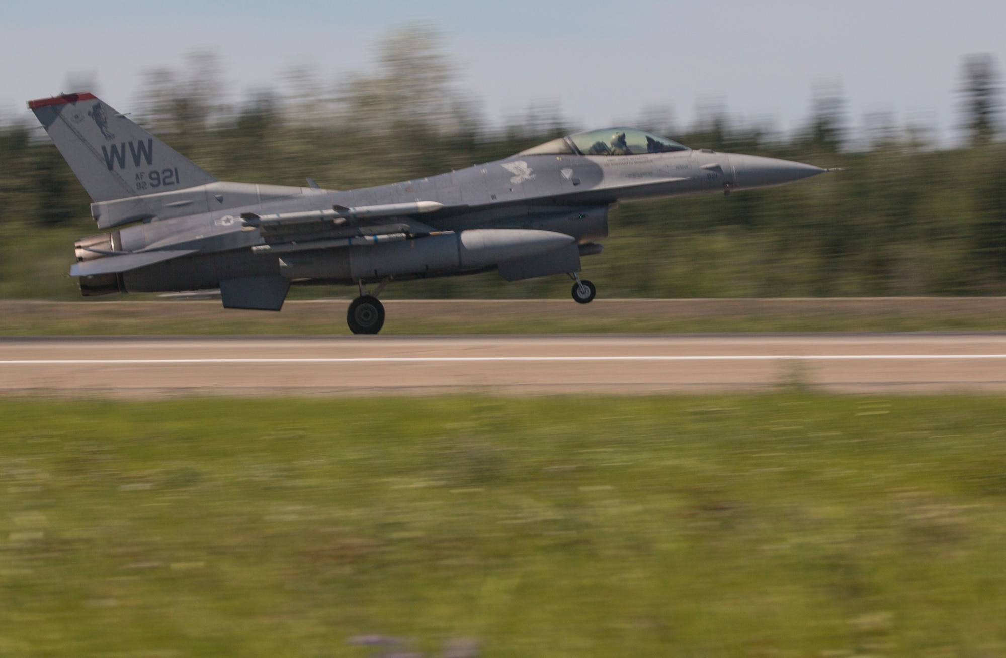 A U.S. Air Force F-16 Fighting Falcon aircraft assigned to the 35th Fighter Wing, Misawa Air Base, Japan, lands at Eielson Air Force Base, Alaska, June 18, 2015, following a training mission during Exercise Northern Edge 2015. Northern Edge is Alaska’s premier joint training exercise designed to practice operations, techniques and procedures as well as enhance interoperability among the services. Thousands of Airmen, Soldiers, Sailors, Marines and Coast Guardsmen from active duty, Reserve and National Guard units are involved. (U.S. Marine Corps photo by Staff Sgt. Jeffrey D. Anderson/ Released)