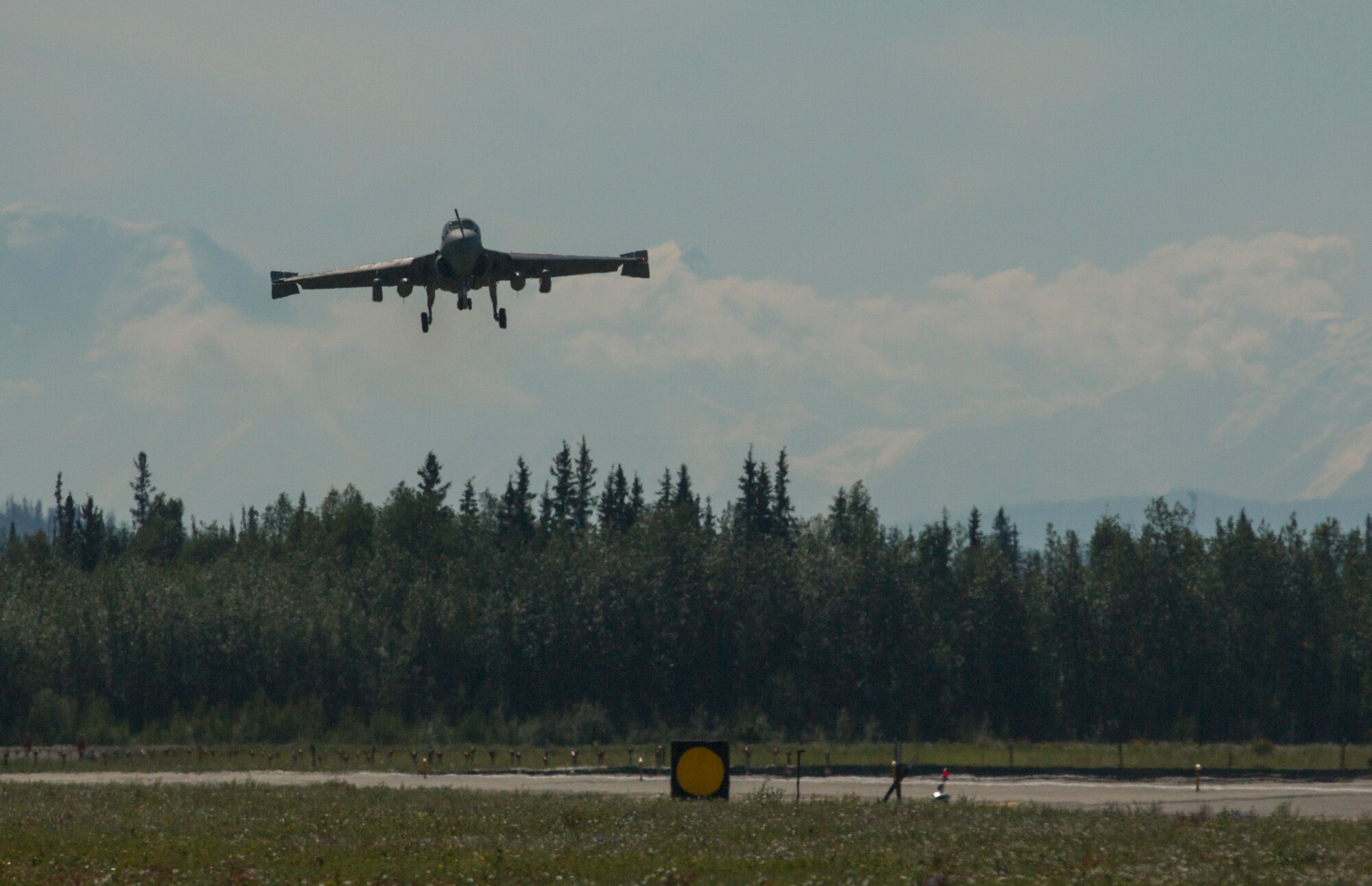 A U.S. Marine Corps EA-6B Prowler aircraft assigned to Marine Tactical Electronic Warfare Squadron 2, 2nd Marine Aircraft Wing, lands at Eielson Air Force Base, Alaska, June 18, 2015, following a training mission during Exercise Northern Edge 2015. Northern Edge is Alaska’s premier joint training exercise designed to practice operations, techniques and procedures as well as enhance interoperability among the services. Thousands of Airmen, Soldiers, Sailors, Marines and Coast Guardsmen from active duty, Reserve and National Guard units are involved. (U.S. Marine Corps photo by Staff Sgt. Jeffrey D. Anderson/ Released)