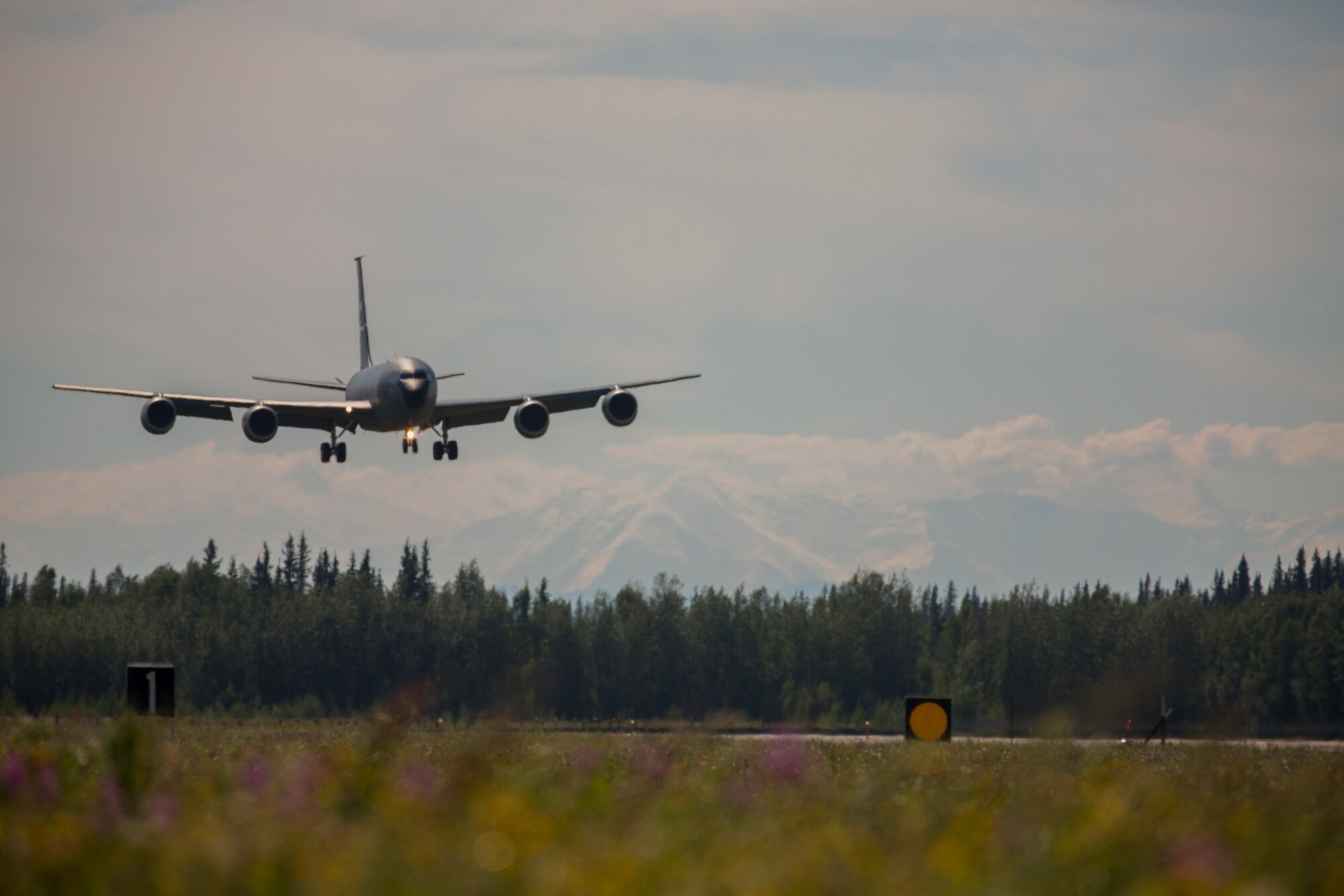 A U.S. Air Force KC-135 Stratotanker assigned to the 507th Air Refueling Wing, Tinker Air Force Base, Okla., lands at Eielson Air Force Base, Alaska, June 18, 2015, following a training mission during Exercise Northern Edge 2015. Northern Edge is Alaska’s premier joint training exercise designed to practice operations, techniques and procedures as well as enhance interoperability among the services. Thousands of Airmen, Soldiers, Sailors, Marines and Coast Guardsmen from active duty, Reserve and National Guard units are involved. (U.S. Marine Corps photo by Cpl. Suzanne Dickson/ Released)