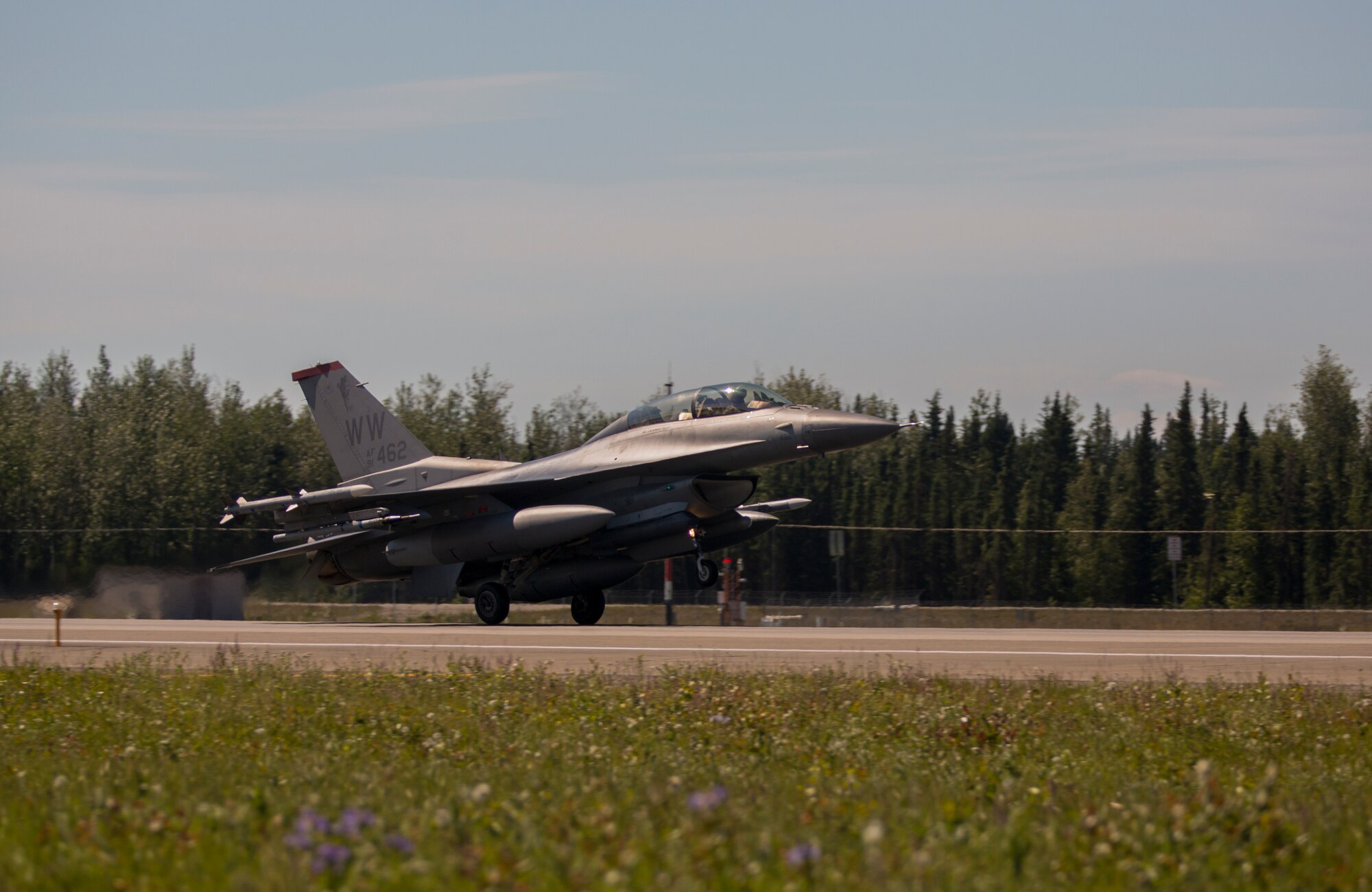 U.S. Air Force F-16C Fighting Falcon assigned to the 35th Fighter Wing, Misawa Air Basem Japan, lands at Eielson Air Force Base, Alaska, June 18, 2015, following a training mission during Exercise Northern Edge 2015. Northern Edge is Alaska’s premier joint training exercise designed to practice operations, techniques and procedures as well as enhance interoperability among the services. Thousands of Airmen, Soldiers, Sailors, Marines and Coast Guardsmen from active duty, Reserve and National Guard units are involved. (U.S. Marine Corps photo by Cpl. Suzanne Dickson/ Released)