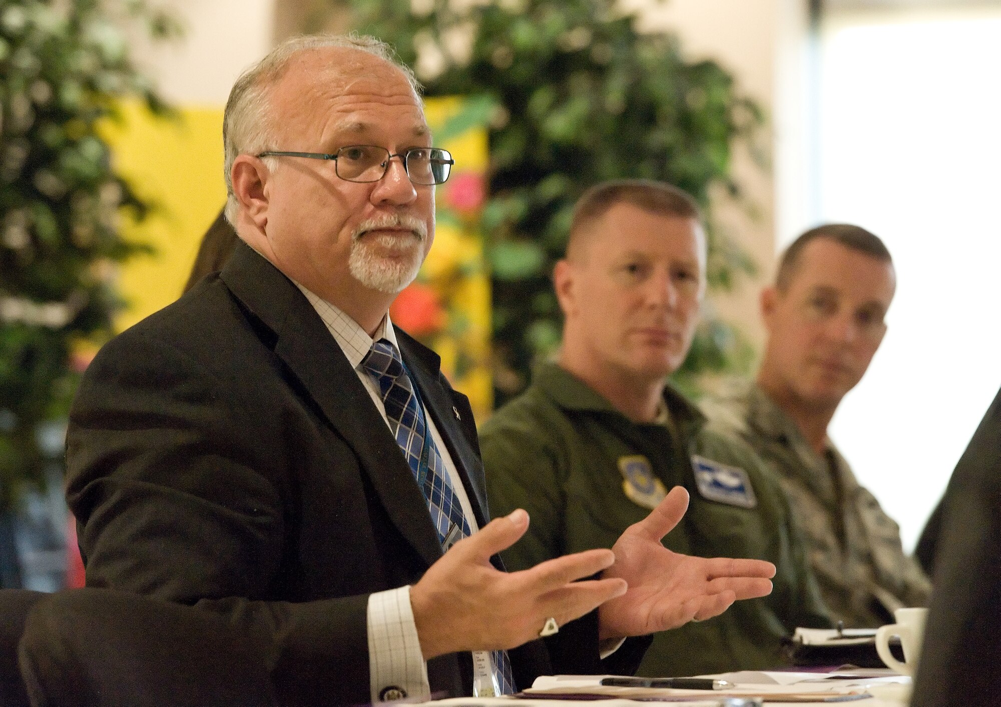 Dr. Kevin Fitzgerald, Caesar Rodney School District superintendent, left, answers questions from Delaware state legislators and wing leadership June 9, 2015, at the Youth Center on Dover Air Force Base, Del. Fitzgerald talked about the relationship between the Caesar Rodney School District and Dover AFB, advanced placement classes, and meeting the needs of transitioning students to or from other schools. (U.S. Air Force photo/Roland Balik)