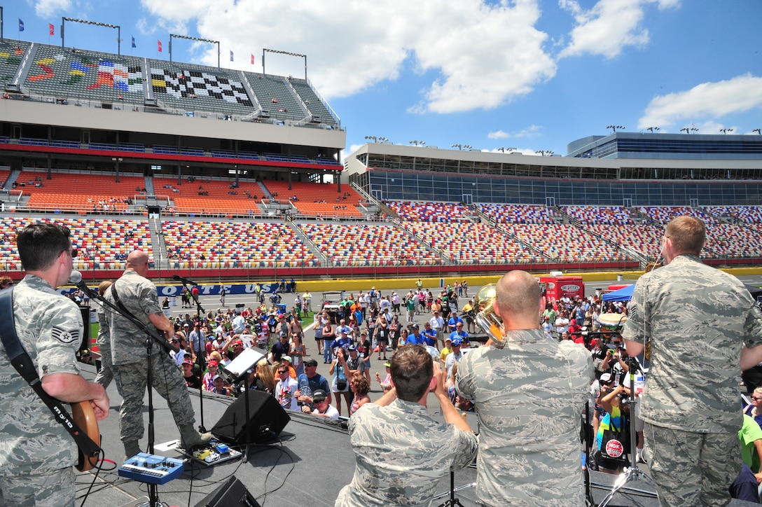 Members of Full Spectrum from Joint Base Langley-Eustis perform at NASCAR's COCA-COLA 600 Memorial Day Weekend as part of the #iHONOR Public Affairs Campaign.  