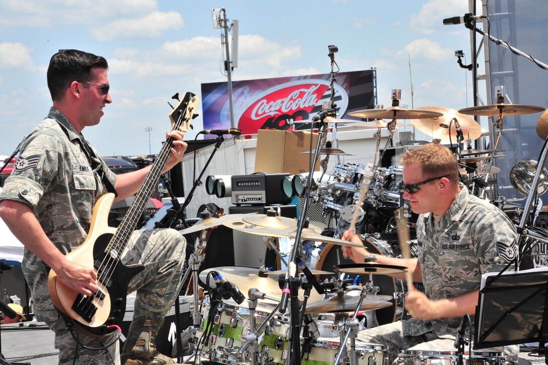Staff Sergeant Jordan Kimble and Technical Sergeant Bennett Weidemann rock out at NASCAR's COCA-COLA 600 over Memorial Day Weekend as part of the #iHONOR #MEMORIALDAY15 Public Affairs Campaign.    