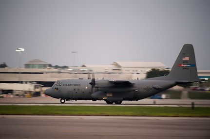 Aircrew flying a modified C-130 Hercules assigned to the 910th Airlift Wing, Youngstown Air Reserve Station, Ohio, prepares to take off June 19, 2015, at Joint Base Charleston, South Carolina. The C-130 Hercules and crew sprayed to eradicate mosquitos on the Joint Base Charleston Weapons Station and is the only unit of its kind. The crew performed aerial spraying at night to increase the chances of eliminating mosquitoes while reducing the risk of contaminating bees.  (U.S. Air Force photo/Senior Airman Jared Trimarchi)
