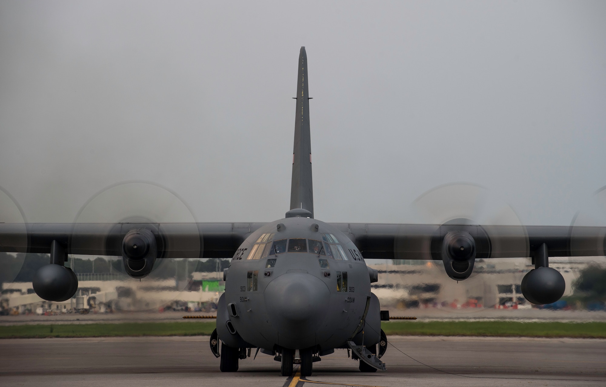 Aircrew flying a modified C-130 Hercules assigned to the 910th Airlift Wing, Youngstown Air Reserve Station, Ohio, turn the engines June 19, 2015, at Joint Base Charleston, South Carolina. The C-130 Hercules and crew sprayed to eradicate mosquitos on the Joint Base Charleston Weapons Station and is the only unit of its kind. The crew performed aerial spraying at night to increase the chances of eliminating mosquitoes while reducing the risk of contaminating bees.  (U.S. Air Force photo/Senior Airman Jared Trimarchi)