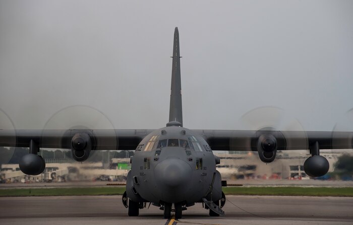 Aircrew flying a modified C-130 Hercules assigned to the 910th Airlift Wing, Youngstown Air Reserve Station, Ohio, turn the engines June 19, 2015, at Joint Base Charleston, South Carolina. The C-130 Hercules and crew sprayed to eradicate mosquitos on the Joint Base Charleston Weapons Station and is the only unit of its kind. The crew performed aerial spraying at night to increase the chances of eliminating mosquitoes while reducing the risk of contaminating bees.  (U.S. Air Force photo/Senior Airman Jared Trimarchi)