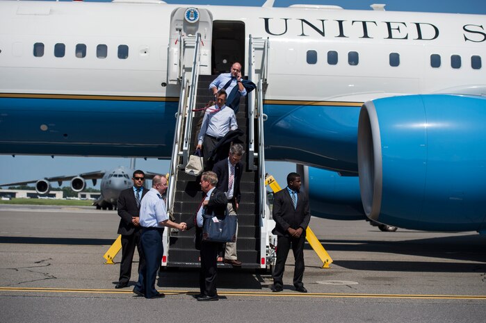 Col. Jeffrey DeVore, Joint Base Charleston commander, greets U.S. representative for S.C. 2nd congressional district, Joe Wilson, June 18, 2015 at Joint Base Charleston S.C. Wilson was accompanied by U.S. representative for S.C. 1st congressional district, Mark Sanford and U.S. representative for S.C. 7th congressional district Tom Rice. The congressmen flew to Charleston on a U.S. Air Force C-32 a military passenger transportation aircraft. (U.S. Air Force photo/Senior Airman Jared Trimarchi) 