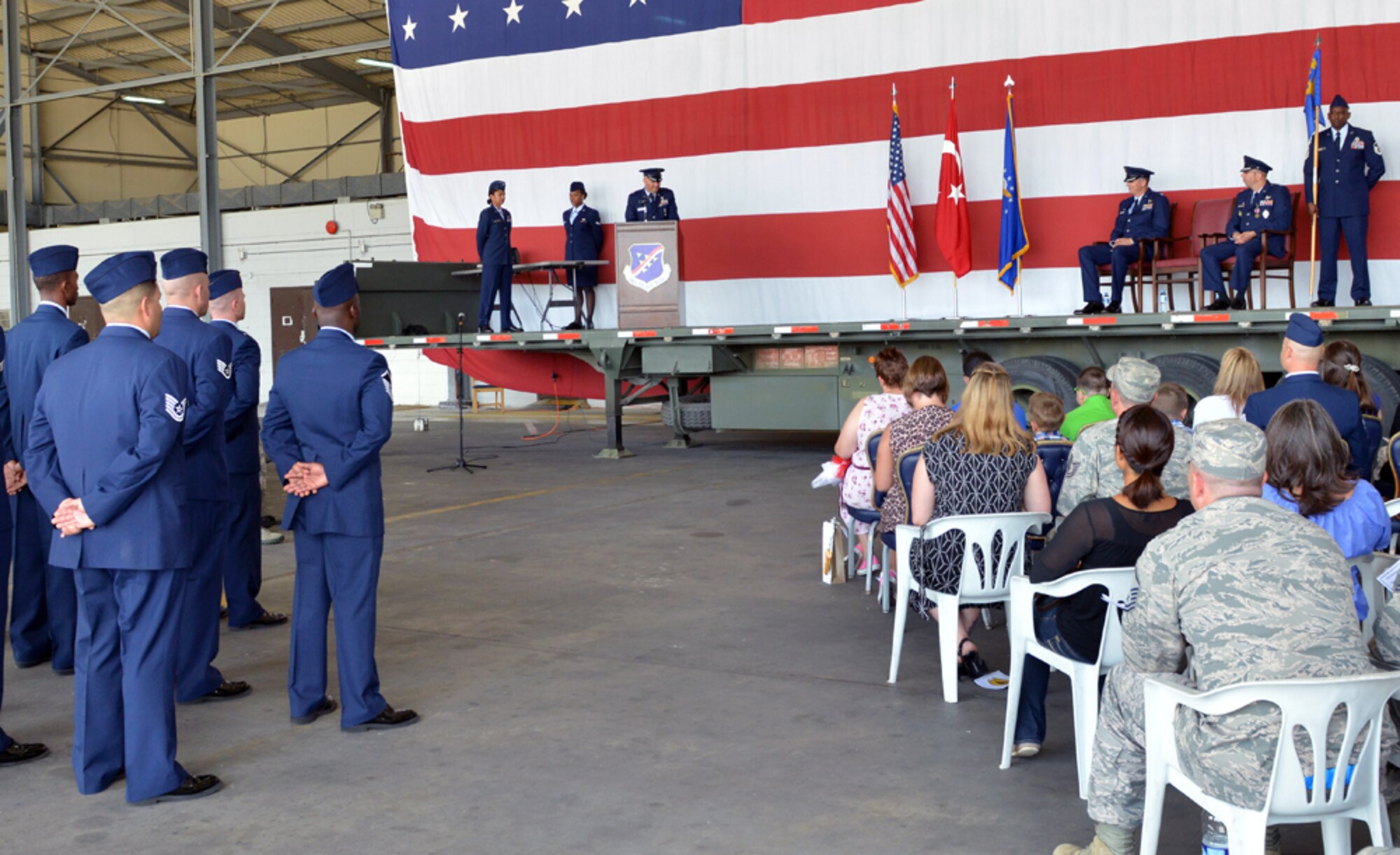 Maj. John Mora, 39th Maintenance Squadron commander, speaks to those in attendance after taking command during the 39th MXS change of command ceremony June 23, 2015, at Incirlik Air Base, Turkey. Prior to taking command, Mora was the Senior Munitions Staff Officer, Munitions Branch, Logistics Operations Division, Assistant Chief of Staff for Logistics, Headquarters United States Forces Korea.  (U.S. Air Force photo by Senior Airman Michael Battles/Released)