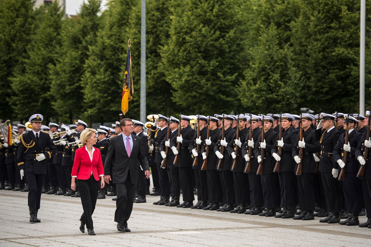 Defense Secretary Ash Carter and German Defense Minister Ursula von der Leyen review German soldiers at the Ministry of Defense in Berlin, June 22, 2015. Carter is traveling in Europe to hold bilateral and multilateral meetings with European defense ministers and to participate in his first NATO ministerial as defense secretary. DoD photo by U.S. Air Force Master Sgt. Adrian Cadiz