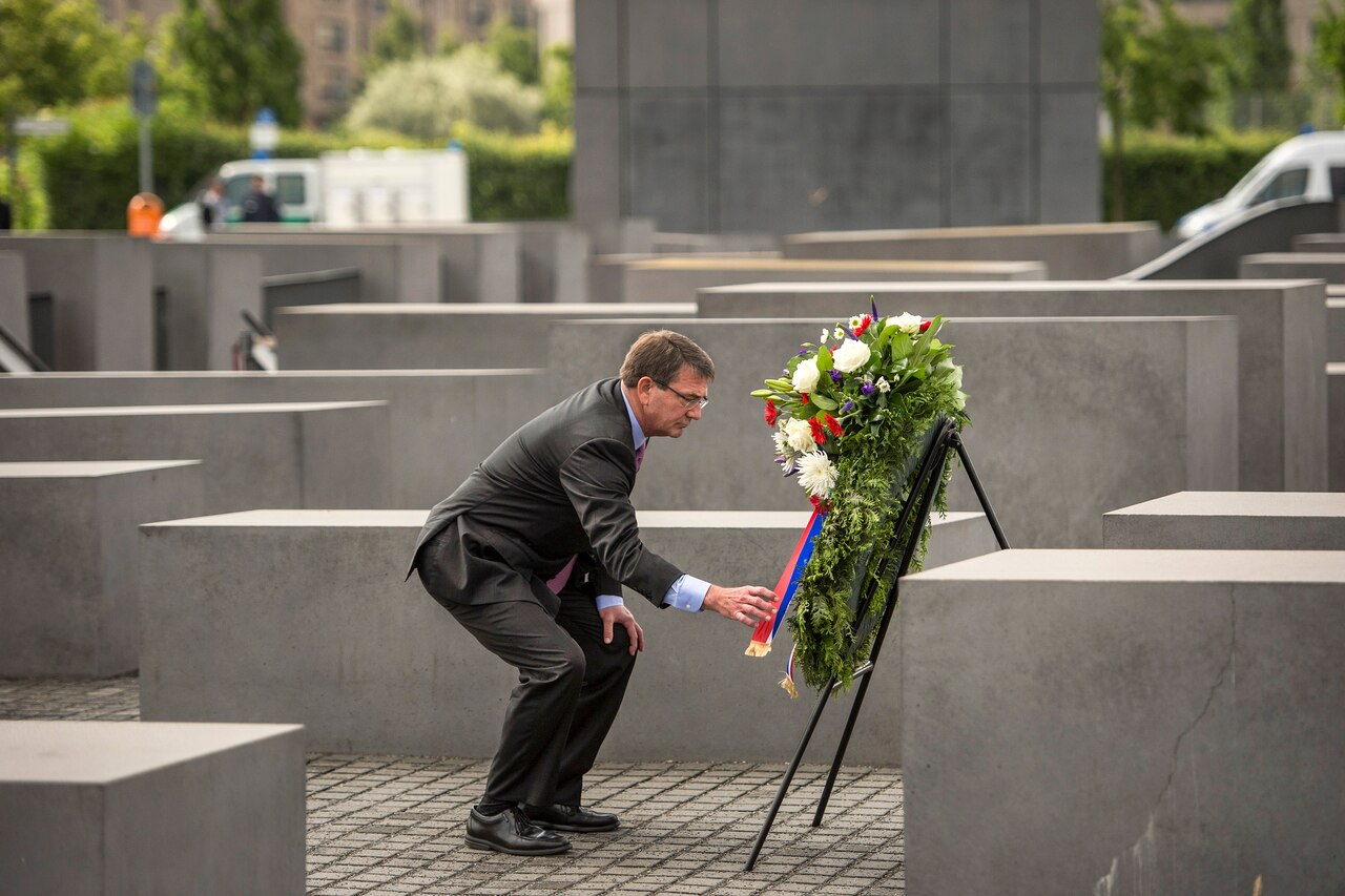U.S. Defense Secretary Ash Carter places a wreath at the Holocaust Memorial in Berlin, June 22, 2015. Carter is in Europe to meet with European defense ministers and participate in his first NATO ministerial as defense secretary. DoD photo by U.S. Air Force Master Sgt. Adrian Cadiz