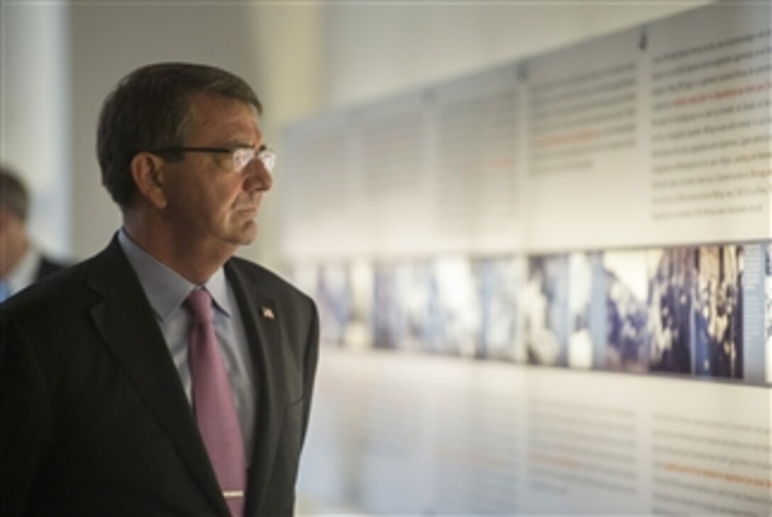 U.S. Defense Secretary Ash Carter tours the Holocaust museum in Berlin, June 22, 2015. Carter also gave a speech at Allianz Forum while in Berlin as part of a European trip to meet with defense leaders and participate in his first NATO ministerial as defense secretary.