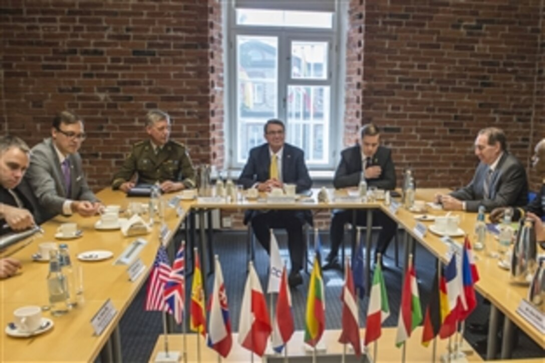 U.S. Defense Secretary Ash Carter meets with Mikk Marran, the permanent secretary of the Estonian Defense  Ministry, to discuss matters of mutual importance at NATO's Cooperative Cyber Defense Center of Excellence in Tallinn, Estonia, June 23, 2015. Carter is in Europe to meet with European defense ministers and participate in his first NATO ministerial as defense secretary.