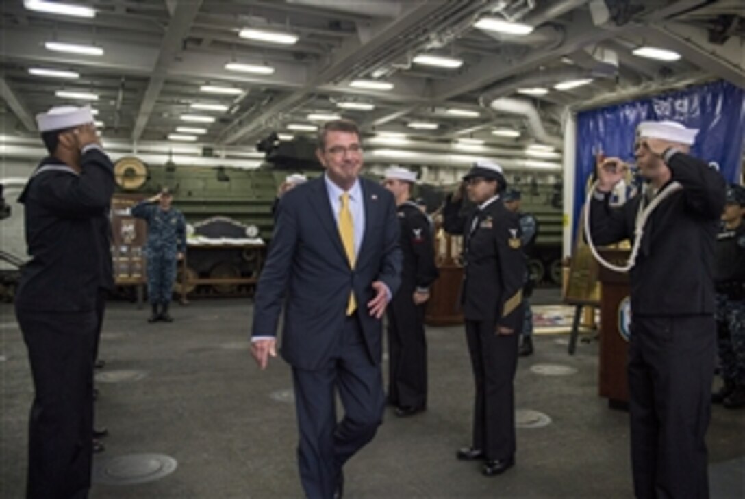 U.S. Defense Secretary Ash Carter departs the USS San Antonio after visiting the ship in Tallinn, Estonia, June 23, 2015. Carter is in Europe to meet with European defense ministers and participate in his first NATO ministerial as defense secretary.