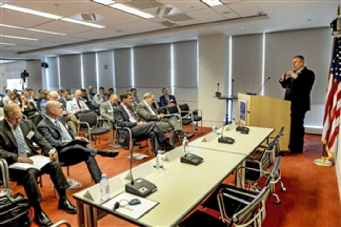 Deputy Defense Secretary Bob Work gives the keynote address during the inaugural China Aerospace Studies Institute conference in Arlington, Va., June 22, 2015. The Air Force and the Rand Corporation co-sponsored the event, which focused on assessing Chinese aerospace training and operational competence. 