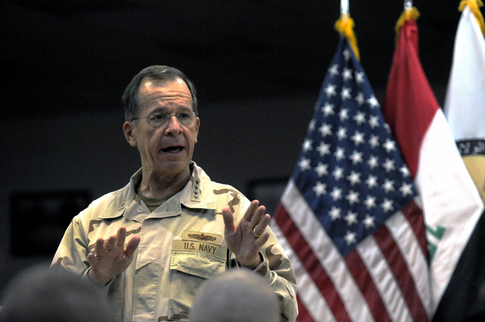 Adm. Mike Mullen, chairman of the Joint Chiefs of Staff, addresses service members assigned to United States Division-Center during a visit to Camp Liberty, Iraq, Friday, April 22, 2011. Mullen spoke with the troops about the drawdown in Iraq, what future deployment timeframes may look like and the continued role of the Guard and Reserve in those deployments.