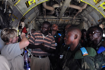 Air Force Maj. Michelle Mulberry, an aeromedical evacuation flight nurse and instructor with the Wyoming Air National Guard's 187th Aeromedical Evacuation Squadron, conducts training to members of the Democratic Republic of the Congo’s armed forces quick response force, about C-130 Hercules familiarization during MEDLITE 11, May 2, 2011.