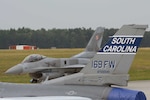 Polish F-16 fighter jets from the 32nd Tactical Air Wing leave Łask Air Base, Poland to participate in exercise Eagle Talon, June 16, 2015. U.S. Air Force Airmen from Spangdahlem Air Base, Germany and the South Carolina Air National Guard’s 169th Fighter Wing from McEntire Joint National Guard Base, are deployed to Łask Air Base in support of Operation Atlantic Resolve, during the month of June. 