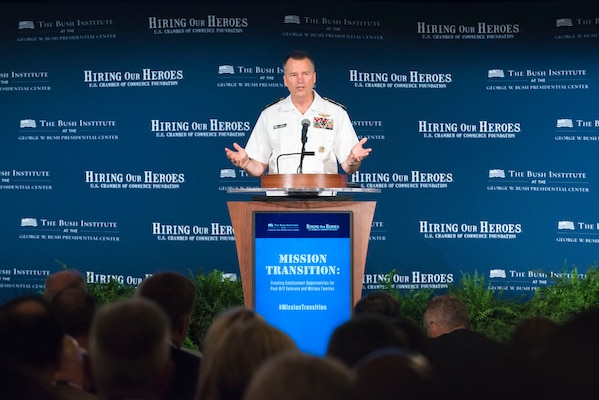 Vice Chairman of the Joint Chiefs of Staff Adm. James A. Winnefeld, Jr. speaks during the Mission Transition conference, in Washington, D.C., June 24, 2015. The national summit hosted by the U.S. Chamber of Commerce Foundation's Hiring Our Heroes program and the George W. Bush Institute's Military Service Initiative focused on creating employment opportunities for post-9/11 veterans and military families.