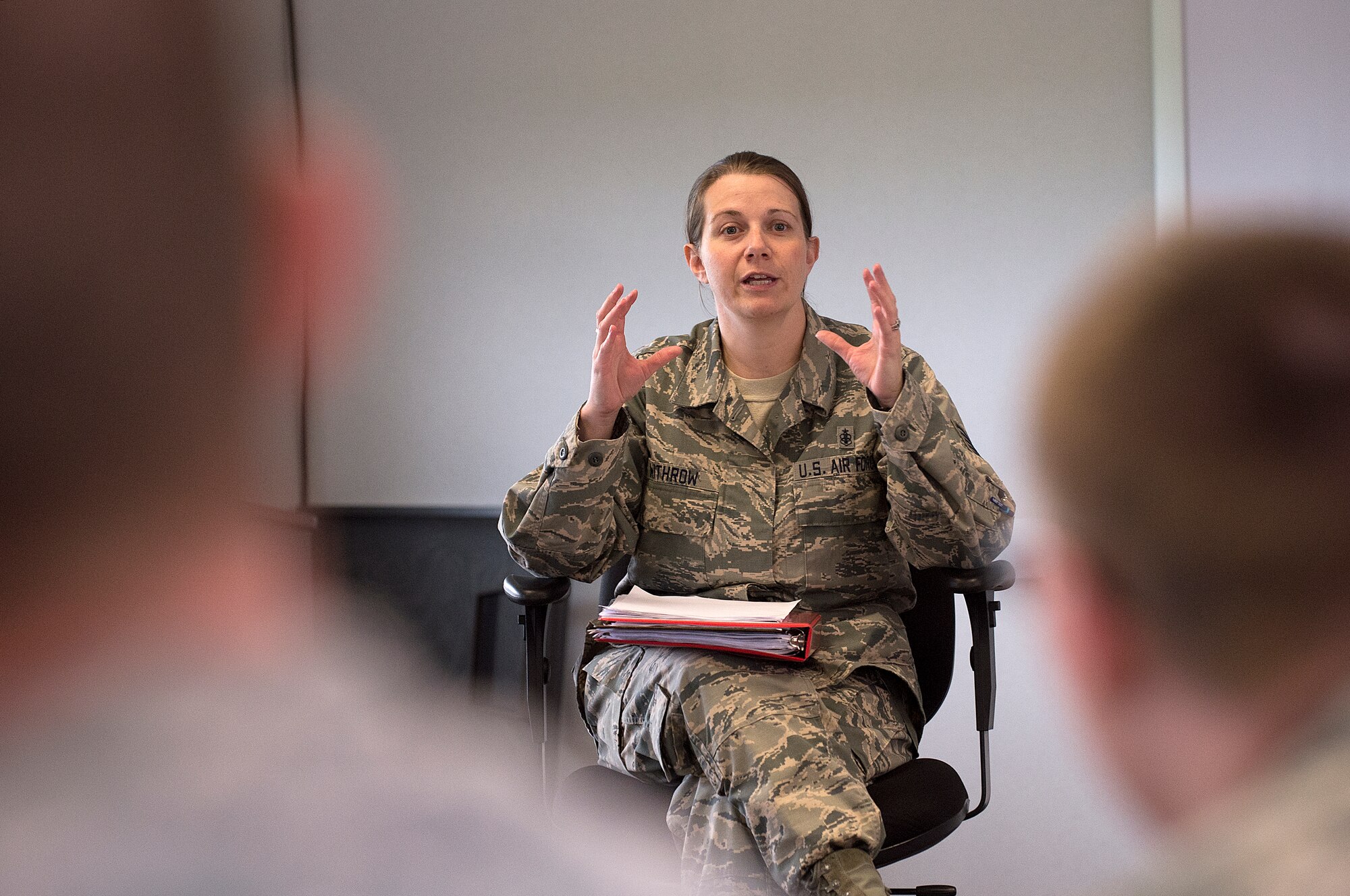 Tech Sgt. Sarah Withrow, 90th Force Support Squadron Airman Leadership School instructor, teaches her class June 15, 2015, on F.E. Warren Air Force Base, Wyo. The Warren ALS earned a perfect score on a recent program management review conducted by its accreditation board. (U.S. Air Force photo by R.J. Oriez)