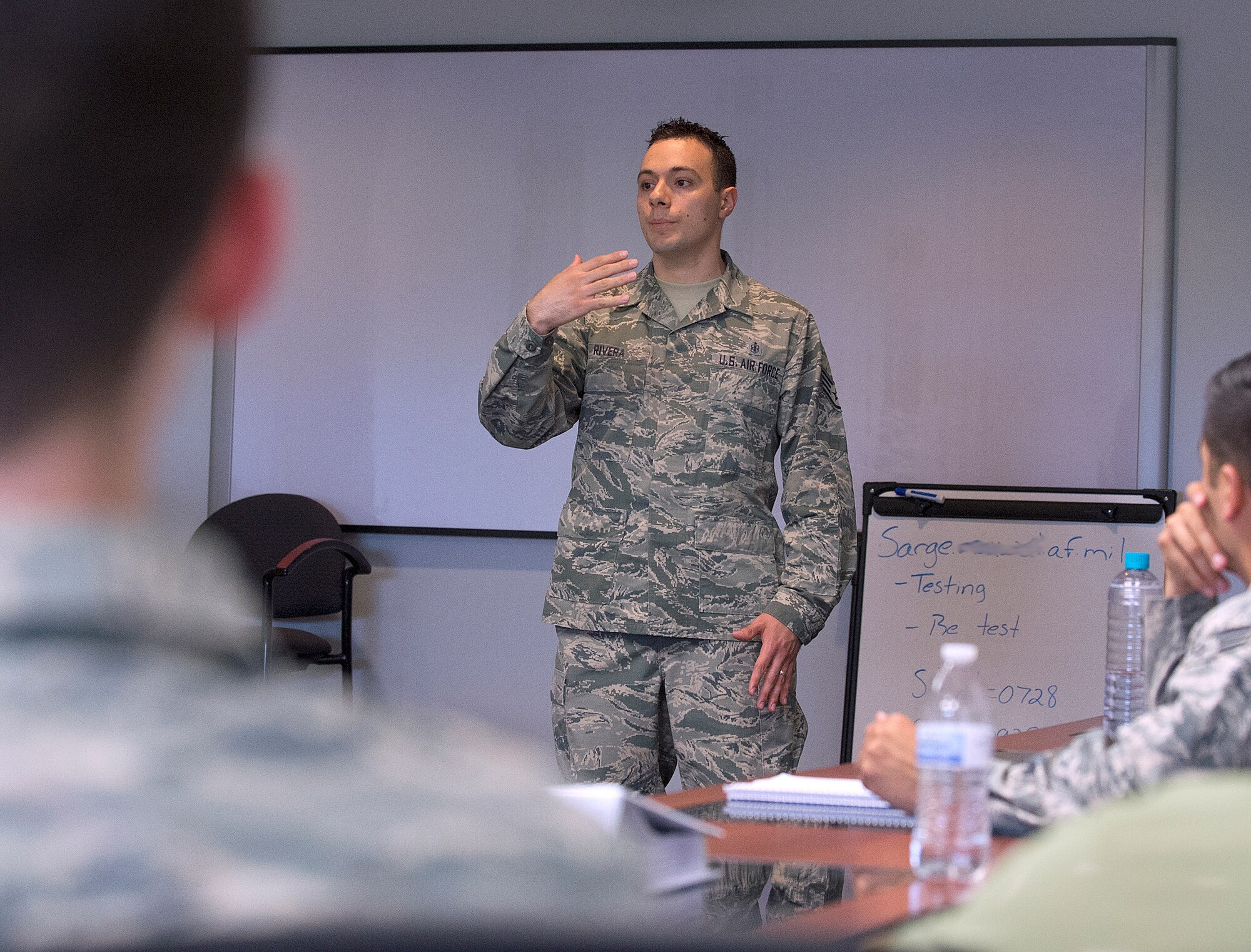 Staff Sgt.  Daniel Rivera, 90th Force Support Squadron Airman Leadership School instructor, talks to his class June 15, 2015, on F.E. Warren Air Force Base, Wyo. ALS is part of the Air Force’s professional military education that Airmen go through prior to being promoted to staff sergeant. (U.S. Air Force photo by R.J. Oriez)