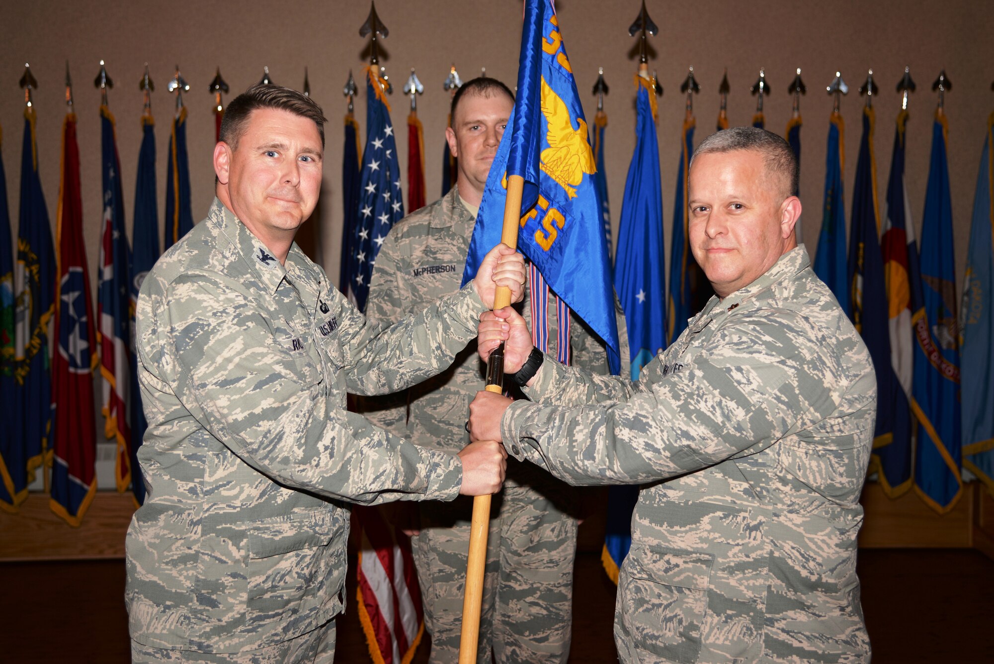 Col. Larry Rice, the 354th Mission Support Group commander, presides over the 354th Security Forces Squadron change of command ceremony June 22, 2015, Eielson Air Force Base, Alaska. Maj. Brandon Edge relinquishes command to Maj. James Habeck. (U.S. Air Force photo by Staff Sgt. Kirsten Wicker/Released)
