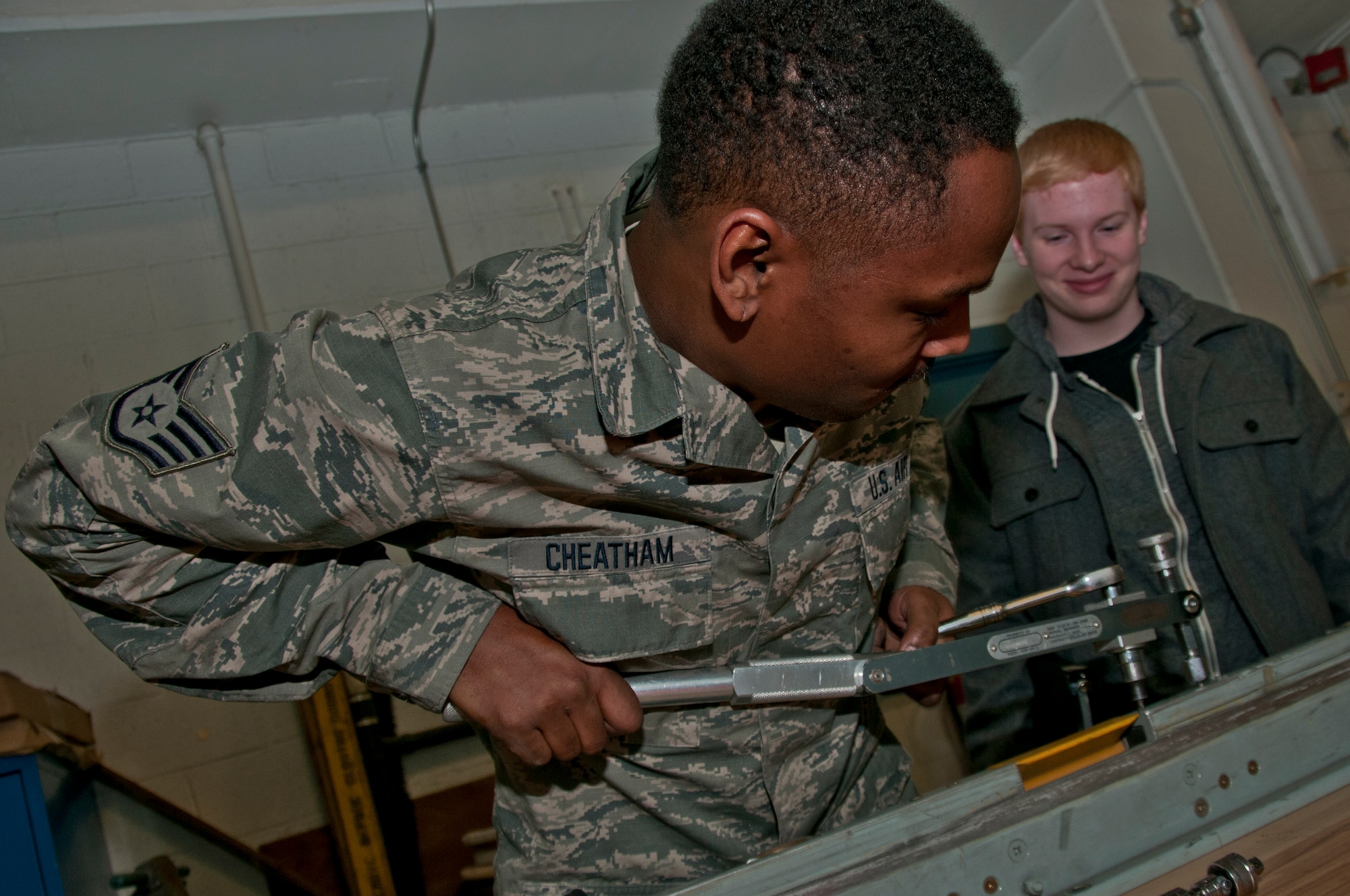 The 179th Airlift Wing Leadership Council welcomes a Richland County Young Leadership Institute nominee to visit the installation in Mansfield, OH, Jan. 11, 2015. Sam Richards, sophmore of Crestview High School, is sitting in on a Wing Leadership meeting and touring sections of the facility related to his career interest. The program selects two sophmores from each High School and during the seven month course the students develop leadership skills and participate in community service projects.  (U.S. Air National Guard Photo by Tech. Sgt. Joe Harwood\Released)