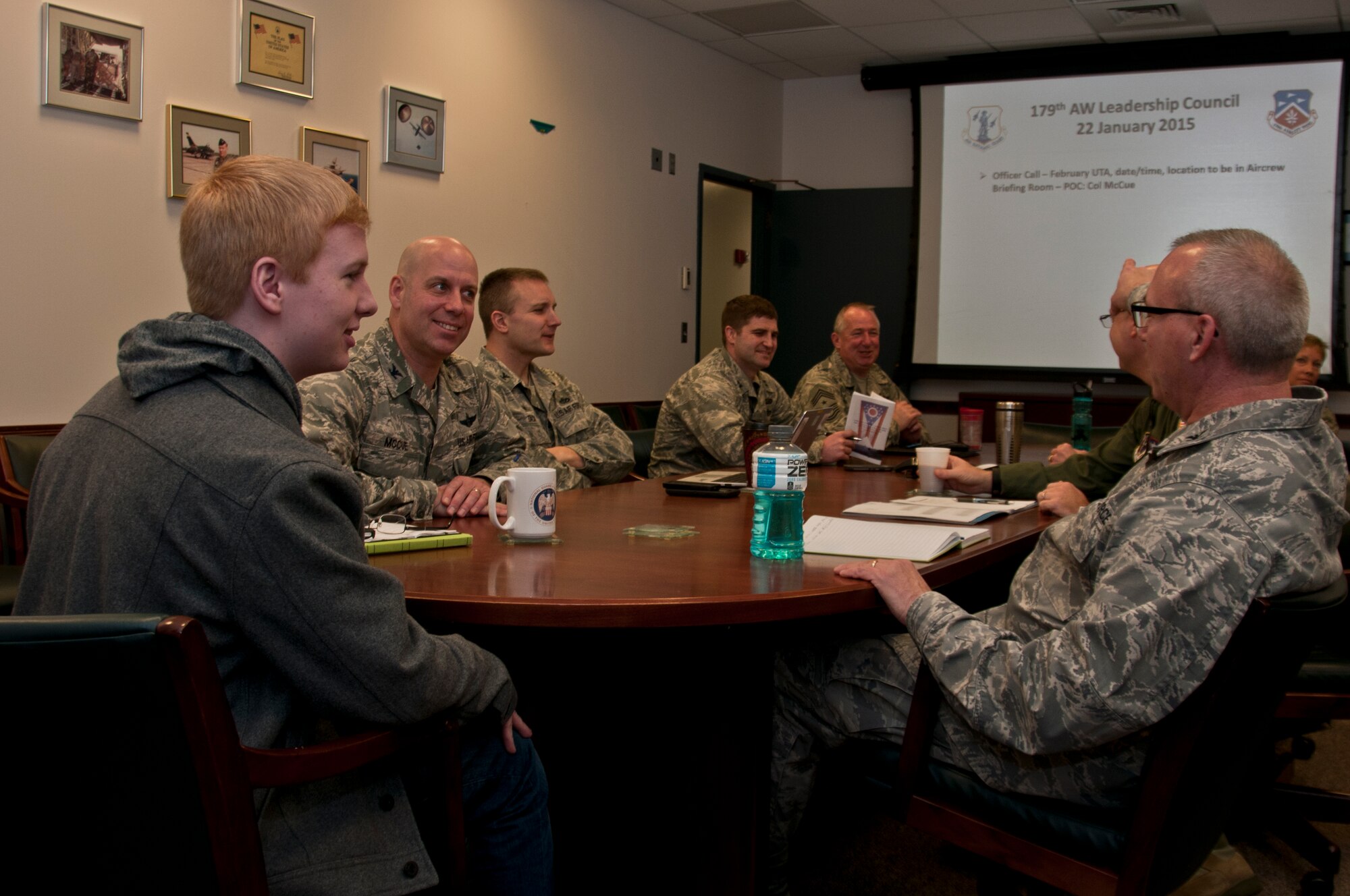 The 179th Airlift Wing Leadership Council welcomes a Richland County Young Leadership Institute nominee to visit the installation in Mansfield, OH, Jan. 11, 2015. Sam Richards, sophmore of Crestview High School, is sitting in on a Wing Leadership meeting and touring sections of the facility related to his career interest. The program selects two sophmores from each High School and during the seven month course the students develop leadership skills and participate in community service projects.  (U.S. Air National Guard Photo by Tech. Sgt. Joe Harwood\Released)