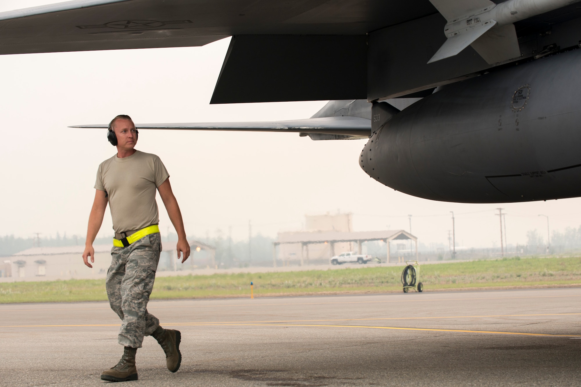 U.S. Air Force Tech. Sgt. Mathew Mains, a 4th Fighter Wing crew chief, inspects an F-15E Strike Eagle aircraft assigned to the 4th Fighter Wing, Seymour Johnson Air Force Base, N.C., as a part of an end of runway inspection June 23, 2015, during the Northern Edge 2015 exercise at Eielson Air Force Base, Alaska. End of runway inspections allow crew chiefs to ensure the serviceability of aircraft prior to takeoff. (U.S. Air Force photo by 1st Lt. Elias Zani/Released)