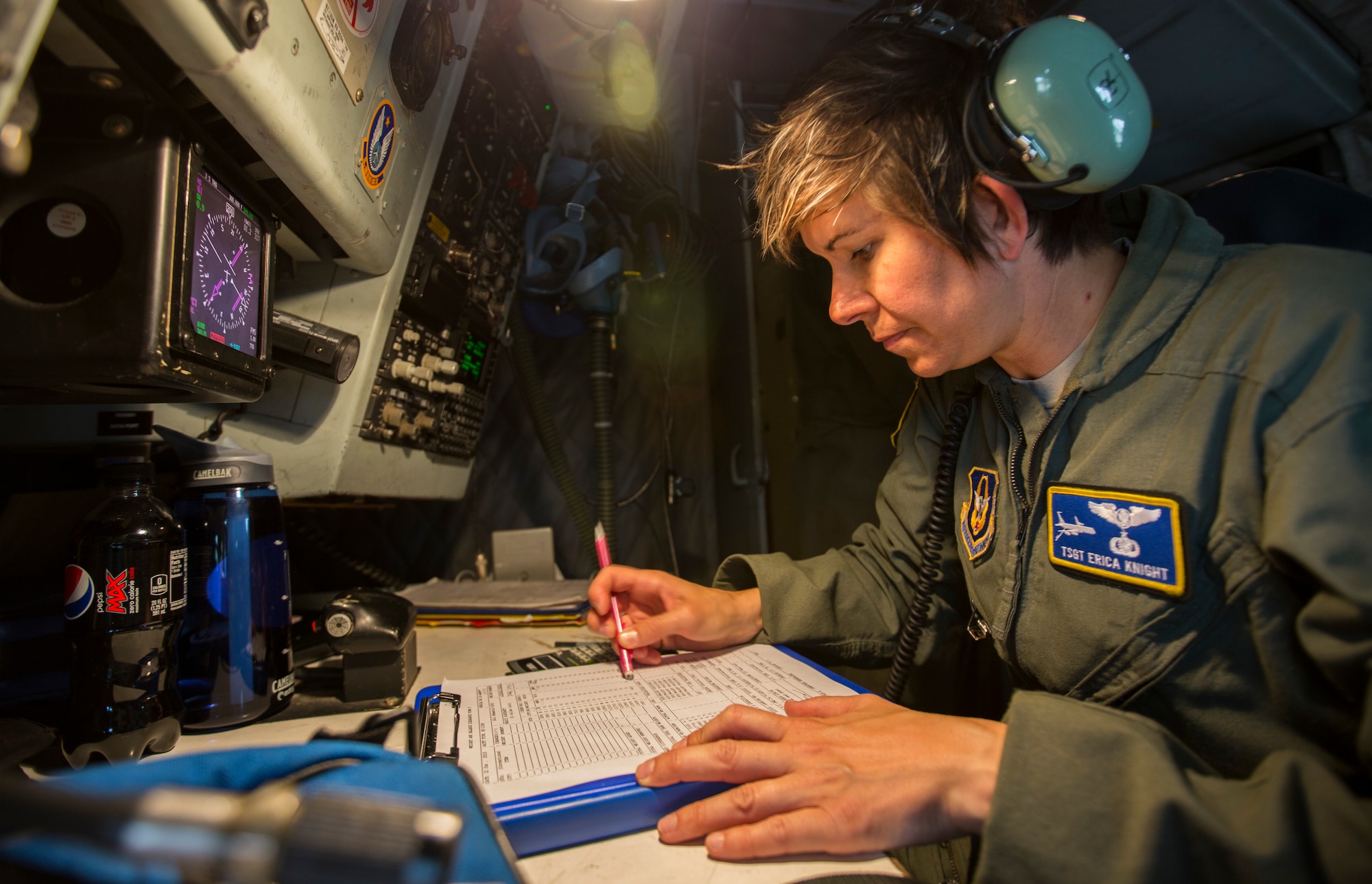 U.S. Air Force Tech Sgt. Erica Knight, 459th Air Refueling Wing, Andrews Air Force Base, Md., Air Force Reserve, aerial refueling technician, conducts preflight procedures prior to an aerial refueling mission, June 22, 2015, at Eielson Air Force Base, Alaska during Exercise Northern Edge 15. Northern Edge is Alaska’s premier joint training exercise designed to practice operations, techniques and procedures as well as enhance interoperability among the services. Thousands of Airmen, Soldiers, Sailors, Marines and Coast Guardsmen from active duty, reserve and National Guard units are involved. (U.S. Marine Corps photo by Staff Sgt. Jeffrey D. Anderson/Released)