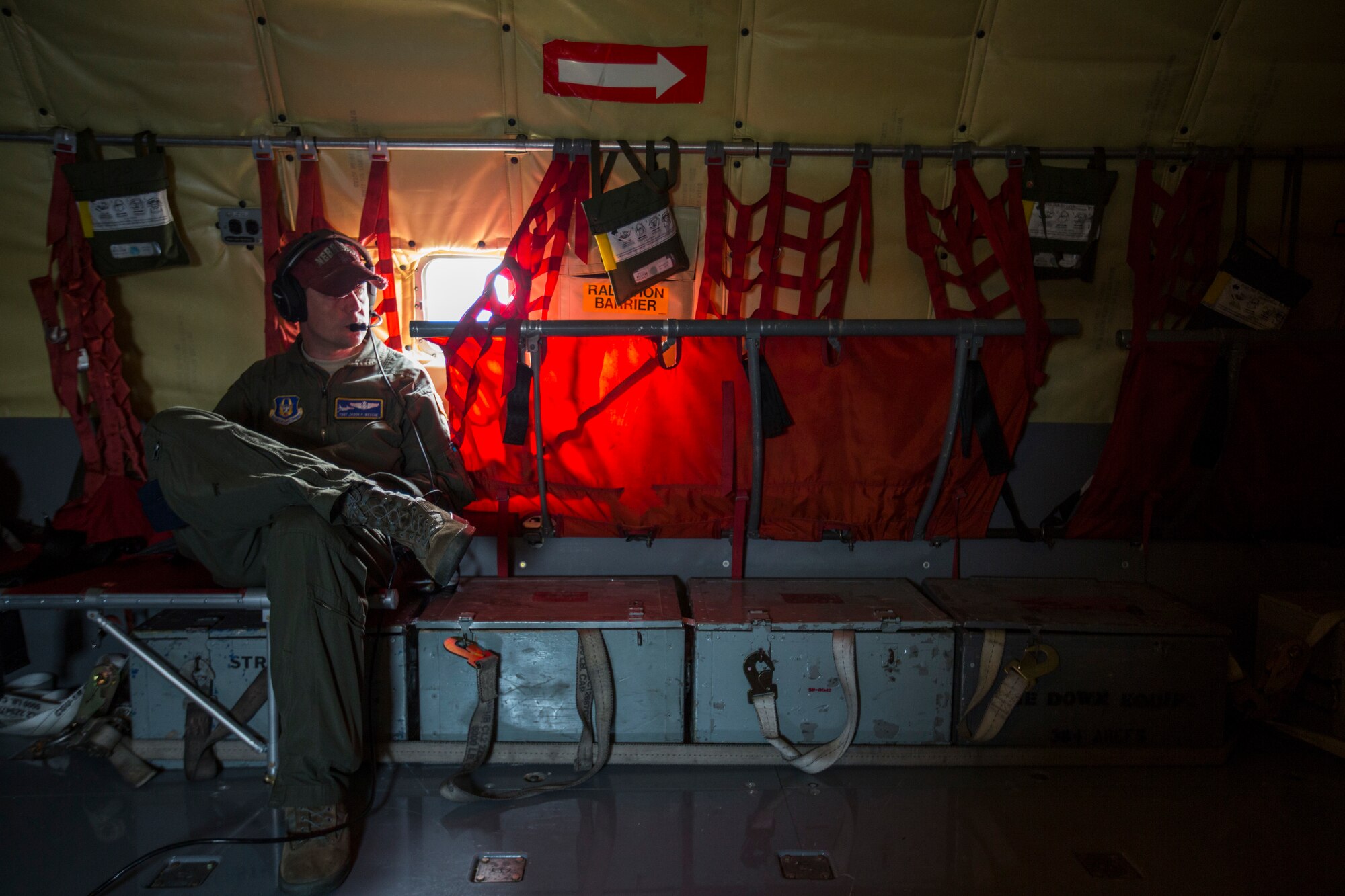 U.S. Air Force Tech Sgt. Jason Wesche, 459th Air Refueling Wing, Andrews Air Force Base, Md., Air Force Reserve, aerial refueling technician, prepares for takeoff prior to an aerial refueling mission, June 22, 2015, at Eielson Air Force Base, Alaska during Exercise Northern Edge 15. Northern Edge is Alaska’s premier joint training exercise designed to practice operations, techniques and procedures as well as enhance interoperability among the services. Thousands of Airmen, Soldiers, Sailors, Marines and Coast Guardsmen from active duty, reserve and National Guard units are involved. (U.S. Marine Corps photo by Staff Sgt. Jeffrey D. Anderson/ Released)