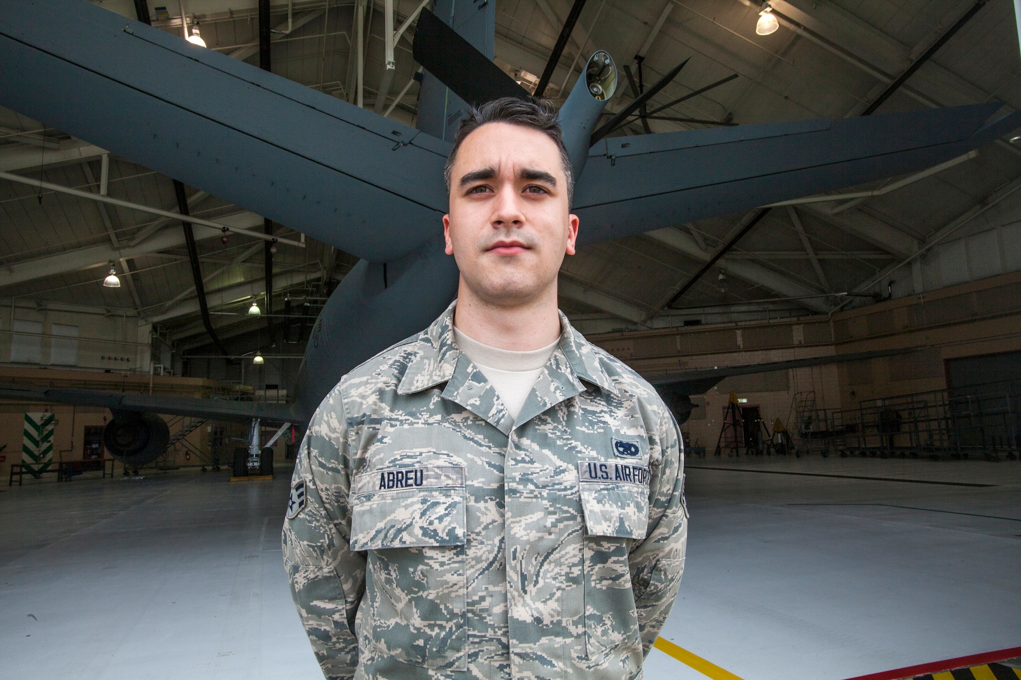 Portrait of Senior Airman David G. Abreu, hydraulic mechanic, 108th Wing Maintenance Squadron, New Jersey Air National Guard, in front of a 108th Wing KC-135R Stratotanker at Joint Base McGuire-Dix-Lakehurst, N.J., May 16, 2015. (U.S. Air National Guard photo by Master Sgt. Mark C. Olsen/Released)