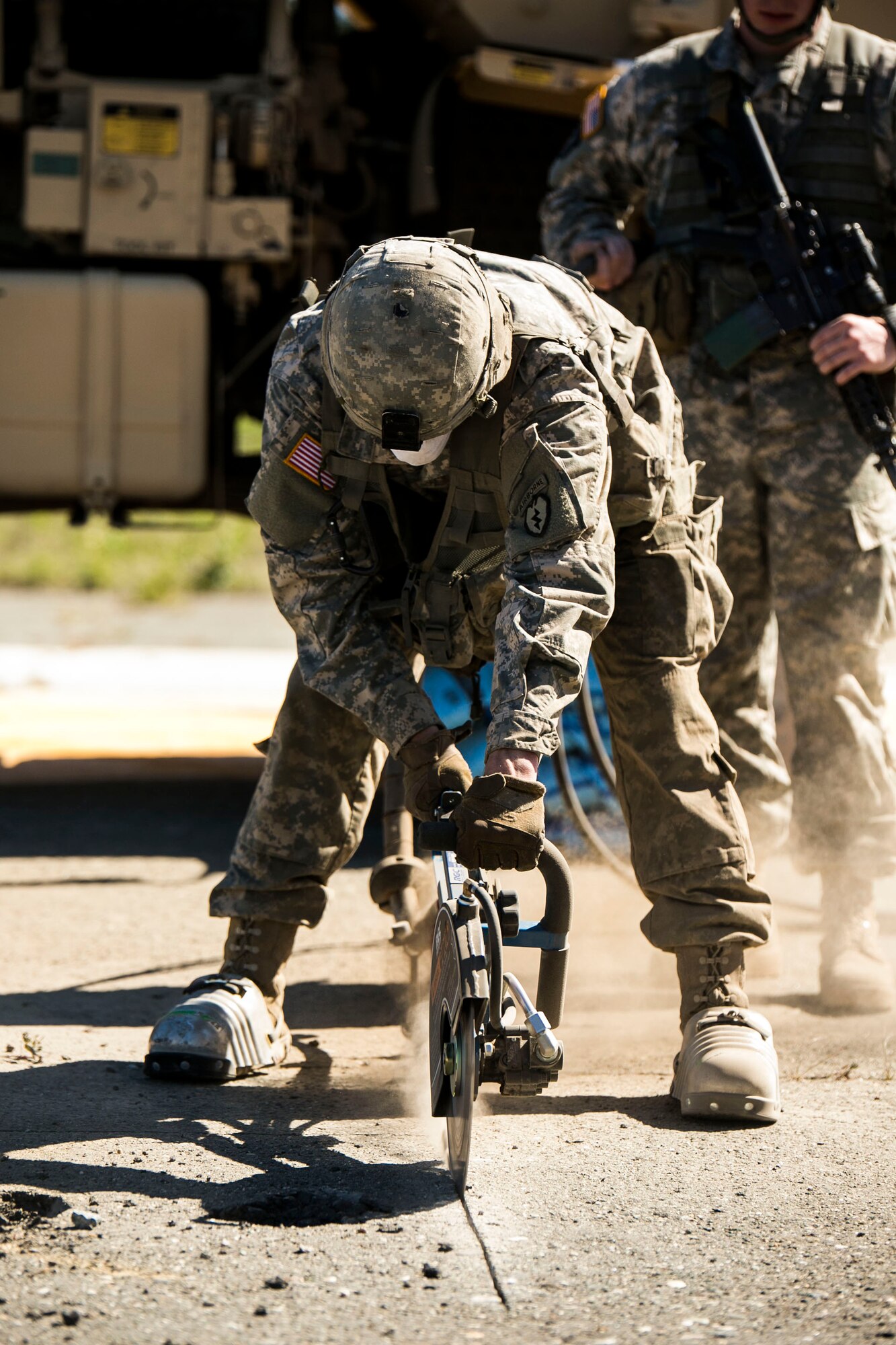 EIELSON AIR FORCE BASE, Alaska – U.S. Army engineers with the 6th Brigade Engineer Battalion, 4th Brigade Combat Team (Airborne), 25th Infantry Division, begin runway repairs at Fort Greely, Alaska, during Exercise Northern Edge, June 17, 2015. Northern Edge 2015 is Alaska’s premier joint training exercise designed to practice operations, techniques and procedures as well as enhance interoperability among the services. Thousands Airmen, Soldiers, Sailors, Marines and Coast Guardsmen from active duty, reserve and National Guard units are involved. (U.S. Marine Corps photo by Cpl. Tyler S. Giguere/Released)
