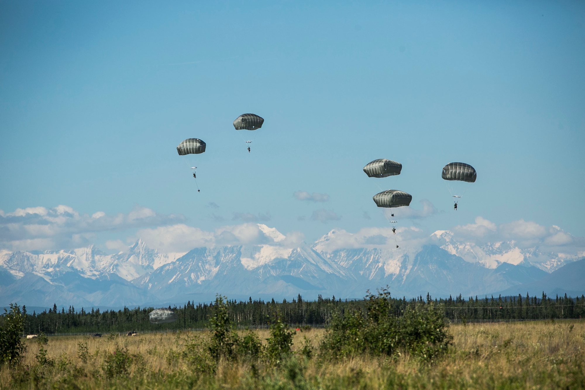 EIELSON AIR FORCE BASE, Alaska – Engineers and combat engineers with the 6th Brigade Engineer Battalion, 4th Brigade Combat Team (Airborne), 25th Infantry Division, parachute into Allen Army Airfield at Fort Greely, Alaska, as part of Exercise Northern Edge, June 17, 2015. Northern Edge 2015 is Alaska’s premier joint training exercise designed to practice operations, techniques and procedures as well as enhance interoperability among the services. Thousands Airmen, Soldiers, Sailors, Marines and Coast Guardsmen from active duty, reserve and National Guard units are involved. (U.S. Marine Corps photo by Cpl. Tyler S. Giguere/Released)