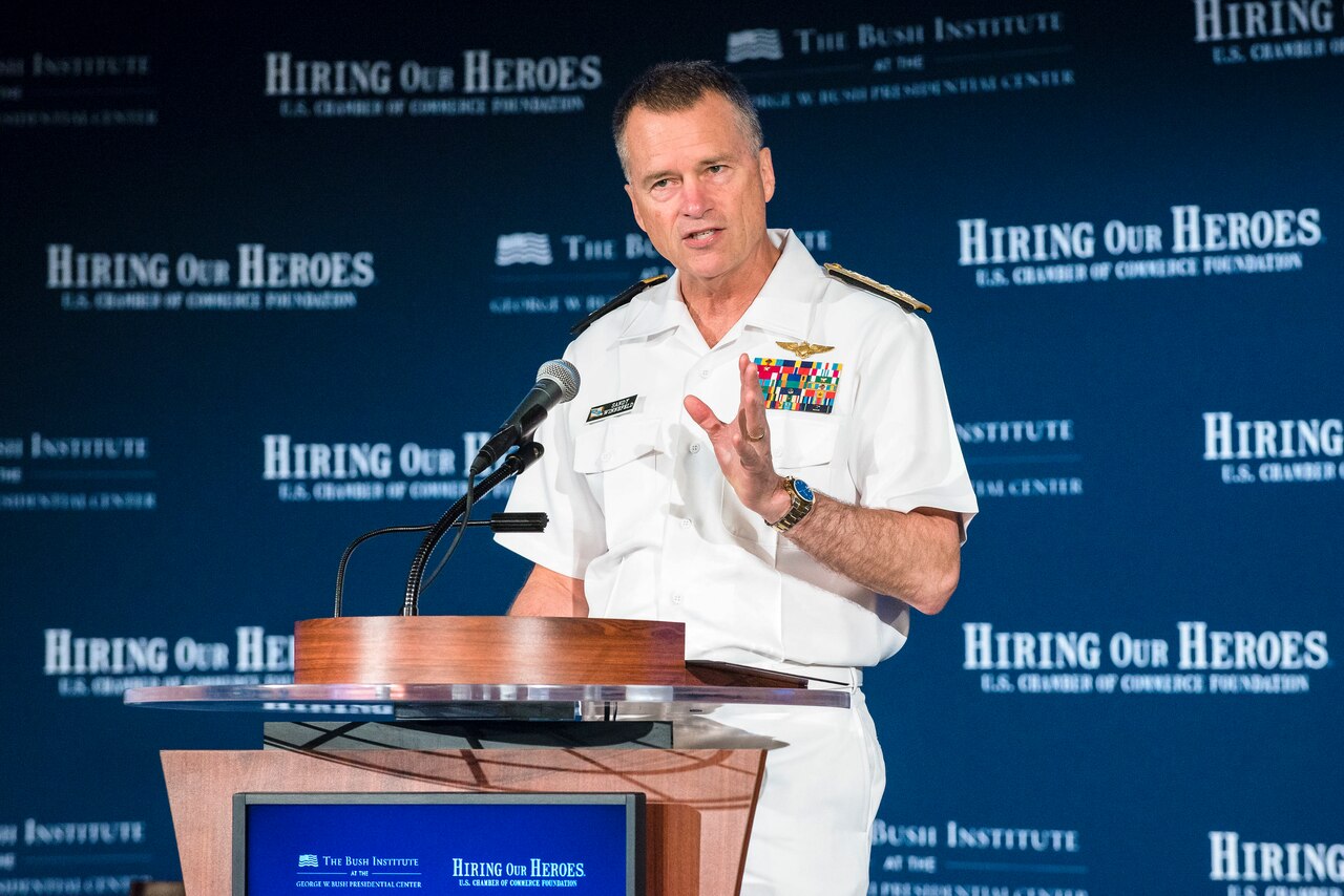 Navy Adm. James A. Winnefeld Jr., vice chairman of the Joint Chiefs of Staff, speaks during the Mission Transition conference in Washington, D.C., June 24, 2015. The U.S. Chamber of Commerce Foundation's “Hiring Our Heroes” program and the George W. Bush Institute's Military Service Initiative hosted the national summit, which focused on creating employment opportunities for post-9/11 veterans and military families. DoD photo by Army Staff Sgt. Sean K. Harp