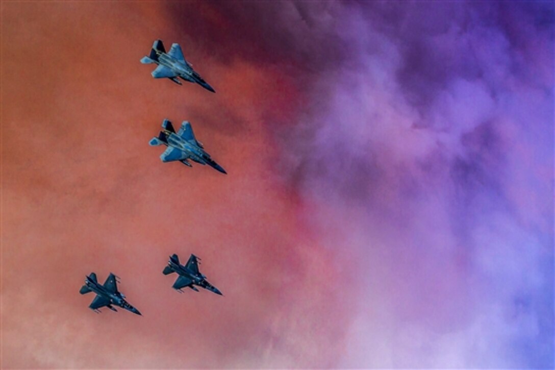 U.S. Air Force F-15C Eagles fly with F-16C Fighting Falcons from the Turkish air force during Anatolian Eagle 15 in Turkey, June 17, 2015. The two-week training exercise involved U.S. Air Forces in Europe and Air Forces Africa units, and multiple NATO partners. The F-15C Eagles are assigned to the 493rd Fighter Squadron on Royal Air Force Lakenheath, England.