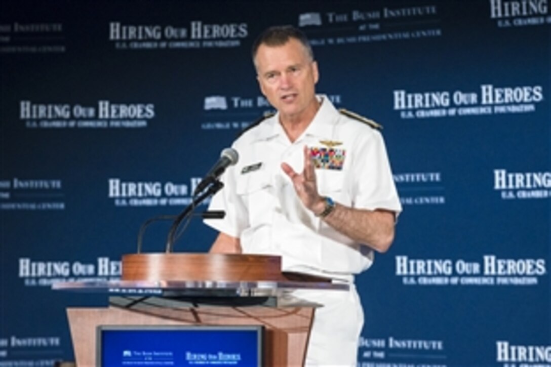 Navy Adm. James A. Winnefeld Jr., vice chairman of the Joint Chiefs of Staff, delivers remarks during the Mission Transition conference in Washington, D.C., June 24, 2015. The U.S. Chamber of Commerce Foundation's Hiring Our Heroes program and the George W. Bush Institute's Military Service Initiative hosted the national summit, which focused on creating employment opportunities for post-9/11 veterans and military families.