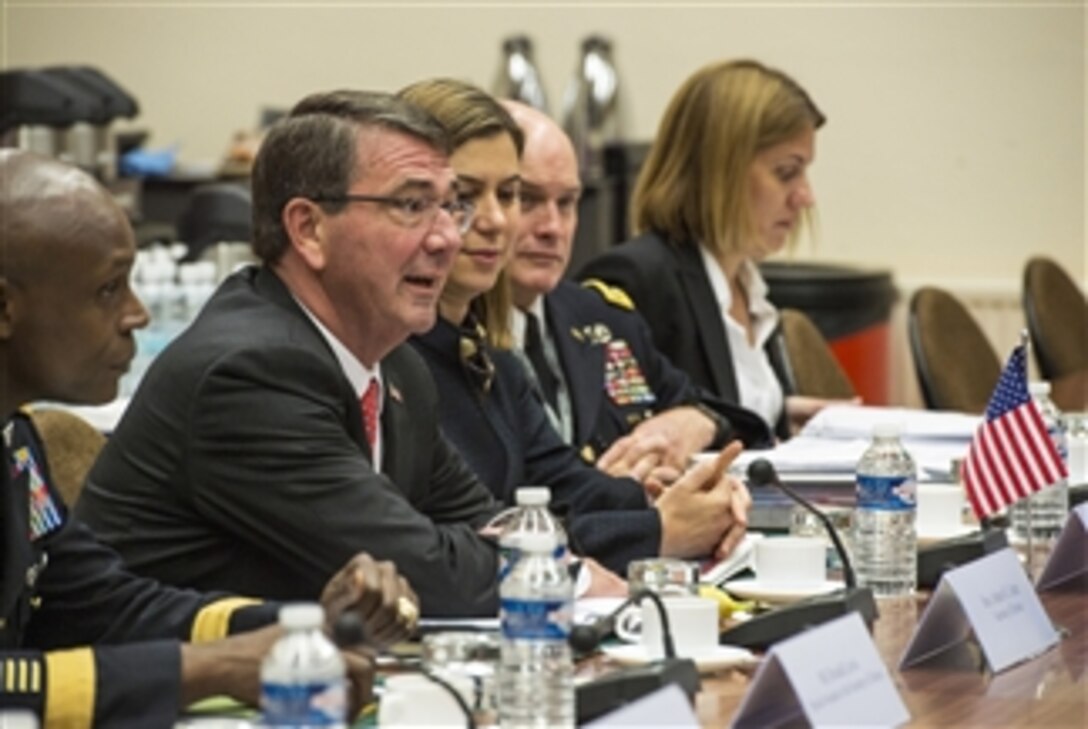 U.S. Defense Secretary Ash Carter meets with Canadian Defense Minister Jason Kenney (not pictured) at NATO headquarters in Brussels, June 24, 2015, to discuss matters of mutual importance. Carter is participating in his first NATO ministerial as defense secretary.