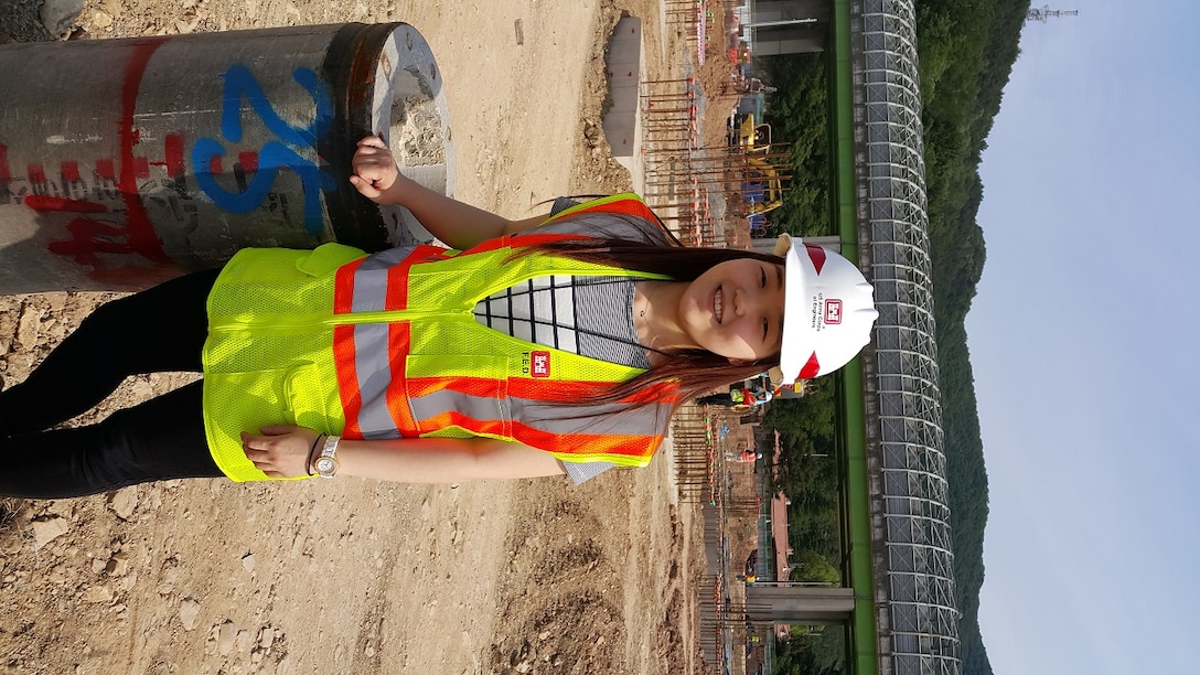 Gu Gui-young, a senior at Yeungnam University majoring in materials science and engineering and an intern at the Far East District’s southern resident, on site at the middle and high school project at Camp Walker. 