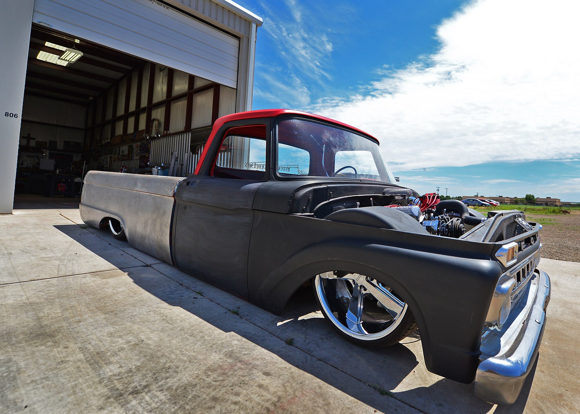 U.S. Air Force Staff Sgt. Tom Sieben, 727th Special Operations Aircraft Maintenance Squadron combat oriented supply operations, restored a 1965 Ford F-100 pick-up truck June 19, 2015 in Clovis, N.M. Sieben has restored and transformed the vehicle in preparation for the 2nd Annual “Draggin’ Main” event Saturday, June 27.  (U.S. Air Force photo/Senior Airman Chip Slack)