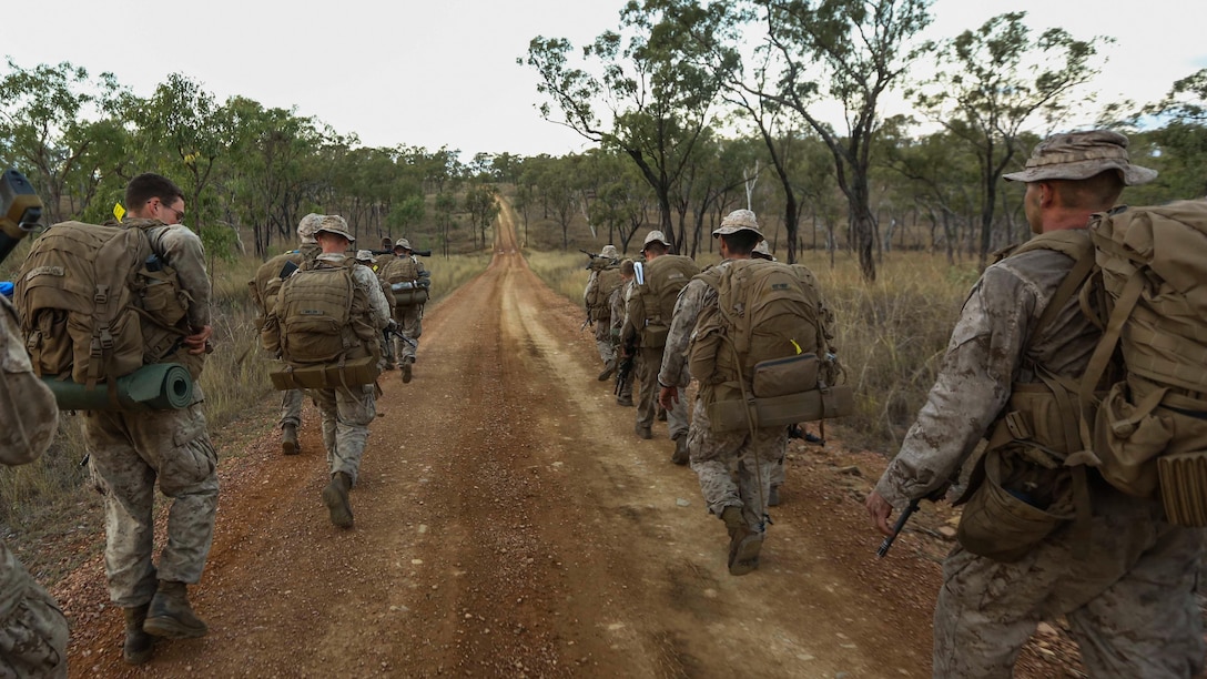 U.S. Marines with Company C, 1st Battalion, 4th Marine Regiment, Marine Rotational Force – Darwin, participate in a conditioning hike during Exercise Southern Jackaroo 2015 June 14 at Townsville Field Training Area, Queensland, Australia. SJ15 was a combined training opportunity for the Marines with their Australian allies that helped to improve interoperability between the two forces. The U.S. Marine Corps and the Australian Defence Forces are committed to continuing their tradition of more than 100 years of global partnership and security cooperation between Australia and the United States of America. 