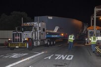 A C-17 Globemaster III fuselage began its journey during the early hours from the 502nd Trainer Development Squadron through Joint Base San Antonio-Randolph’s West gate June 23, 2015.  Since its arrival via flatbed truck in 2011, the fuselage was transformed into the Air Force’s first fully functioning aeromedical evacuation trainer.  The C-17 will be used to train more than 1,300 flight nurses, aeromedical technicians, critical care physicians, intensive care nurses, respiratory nurses and flight surgeons annually at the U.S. Air Force School of Aerospace Medicine at Wright Patterson Air Force Base, Ohio. The fuselage is the last piece to be delivered and its trek will take about 10 days and then reassembly begins. (U.S. Air Force photo by Johnny Saldivar/released)