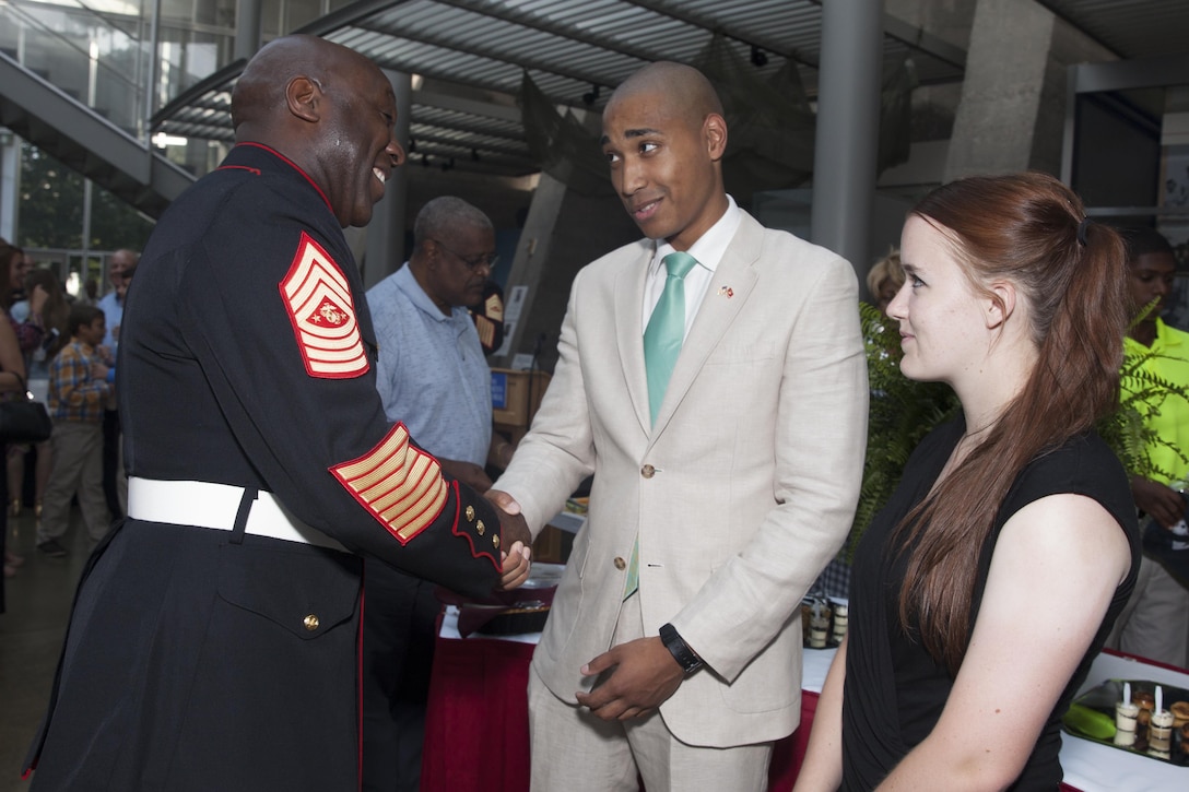 Sgt. Maj. Ronald L. Green, the 18th Sergeant Major of the Marine Corps, attends a reception prior to a Sunset Parade at the Women in Military Service for America Memorial, Arlington, Va., June 23, 2015. (U.S. Marine Corps photo by Lance. Cpl. Alejandro Sierras/Released)