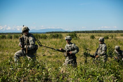 EIELSON AIR FORCE BASE, Alaska (June 17, 2015) - U.S. Army combat engineers with the 6th Brigade Engineer Battalion, 4th Brigade Combat Team (Airborne), 25th Infantry Division, seize Allen Army Airfield and begin mine sweeping in preparation for engineers to begin runway repairs at Fort Greely, Alaska, during Exercise Northern Edge. Northern Edge 2015 is Alaska’s premier joint training exercise designed to practice operations, techniques and procedures as well as enhance interoperability among the services. Thousands Airmen, Soldiers, Sailors, Marines and Coast Guardsmen from active duty, reserve and National Guard units are involved. 